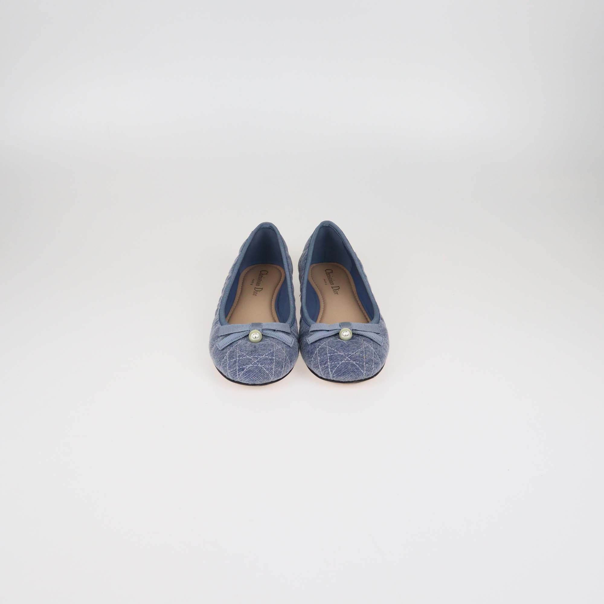 Christian Dior Blue Denim Cannage Pearl Bow Ballet Flats