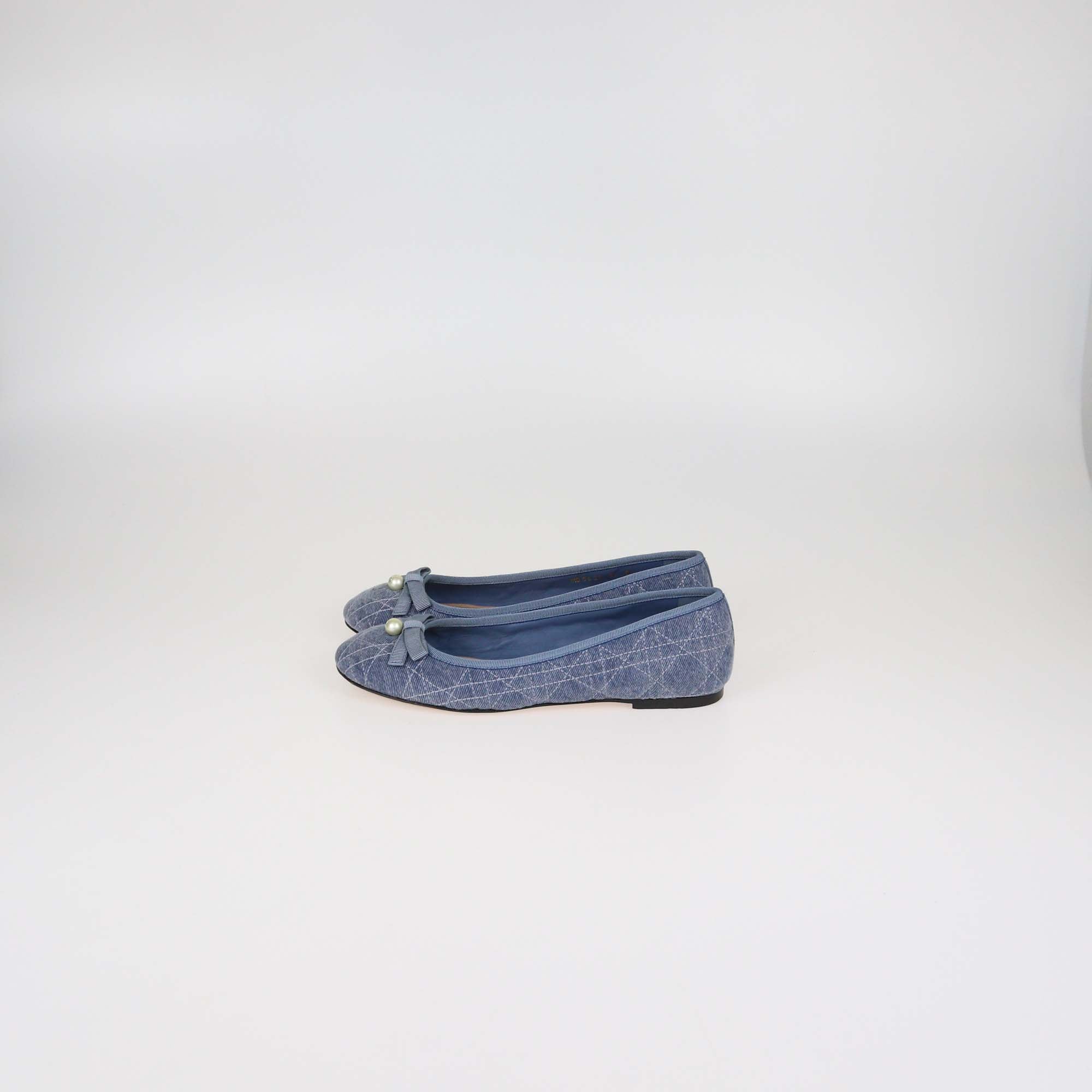 Christian Dior Blue Denim Cannage Pearl Bow Ballet Flats