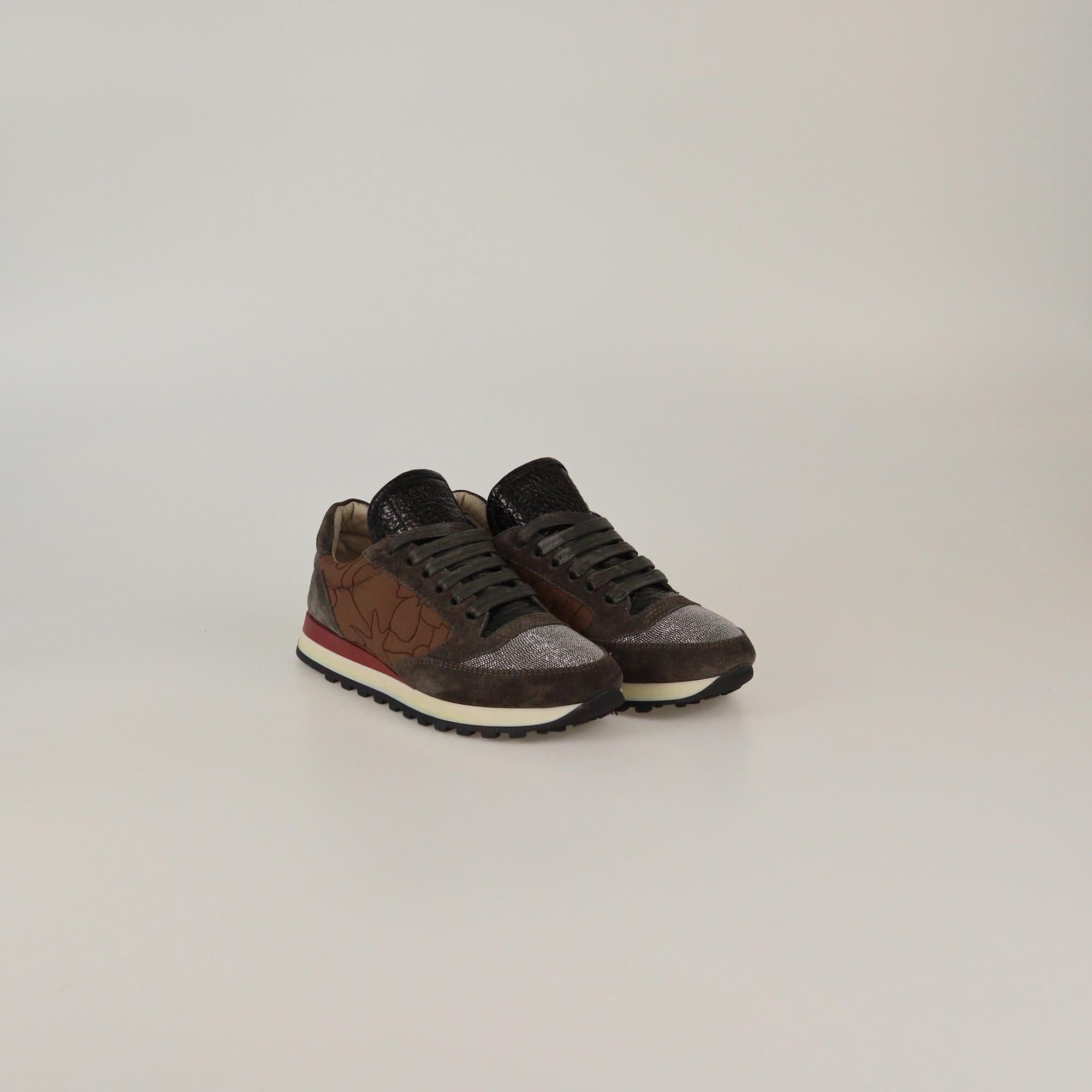 Brunello Cucinelli Grey/Brown Beaded Low Top Sneakers Womens Brunello Cucinelli