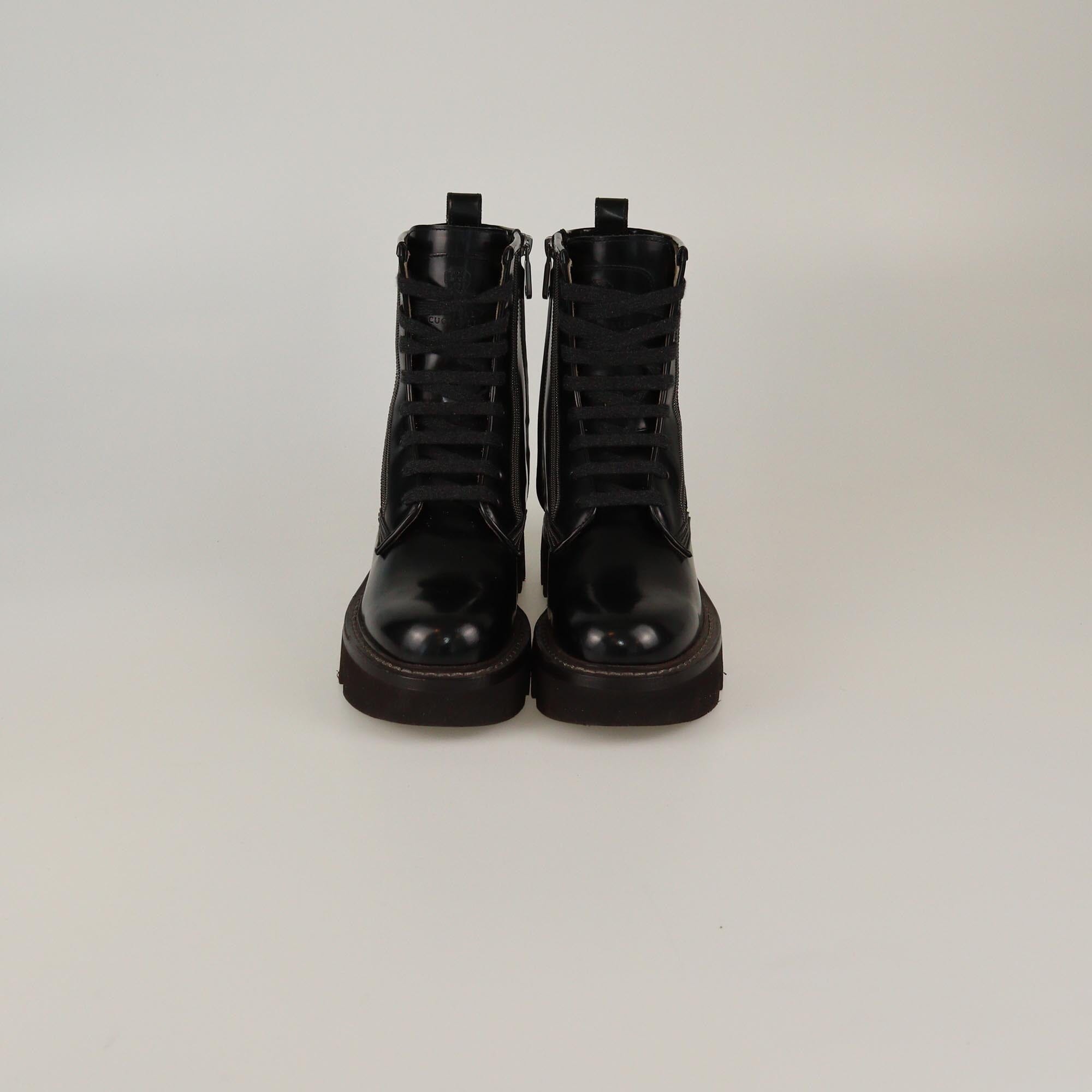 Brunello Cucinelli Black Beaded Lace Up Combat Boots Womens Brunello Cucinelli