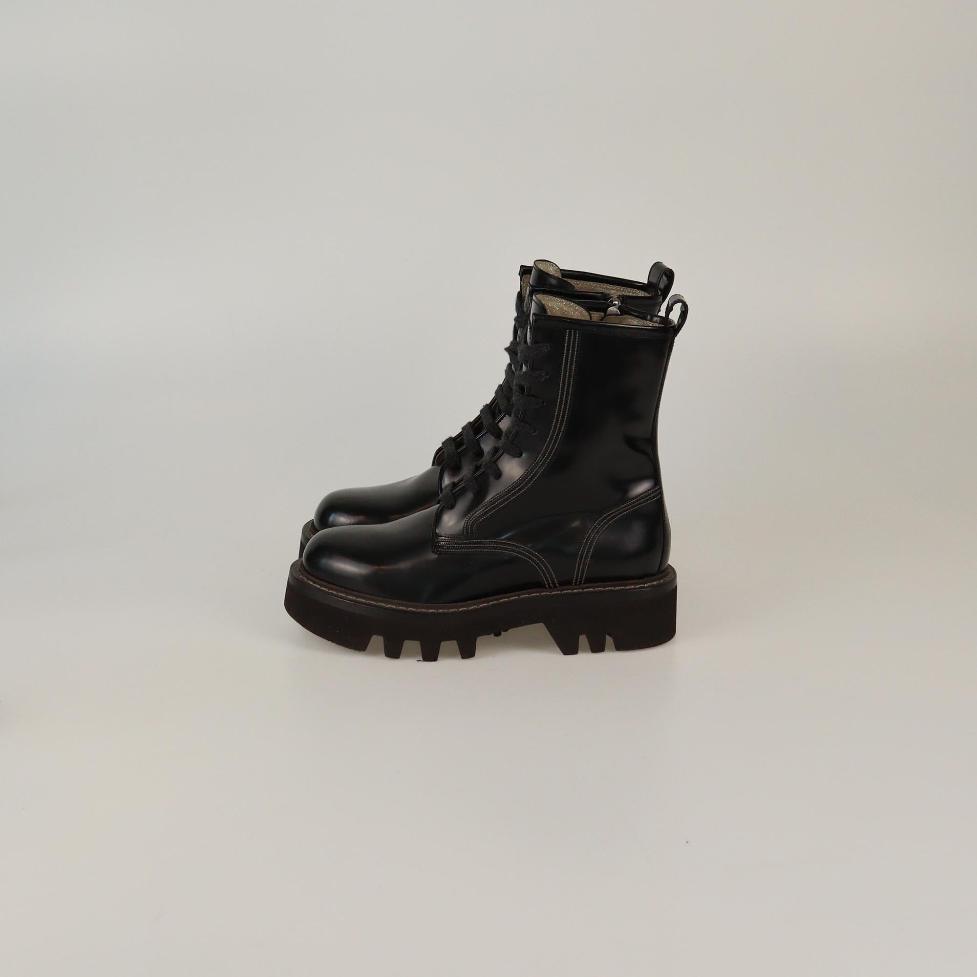 Brunello Cucinelli Black Beaded Lace Up Combat Boots Womens Brunello Cucinelli