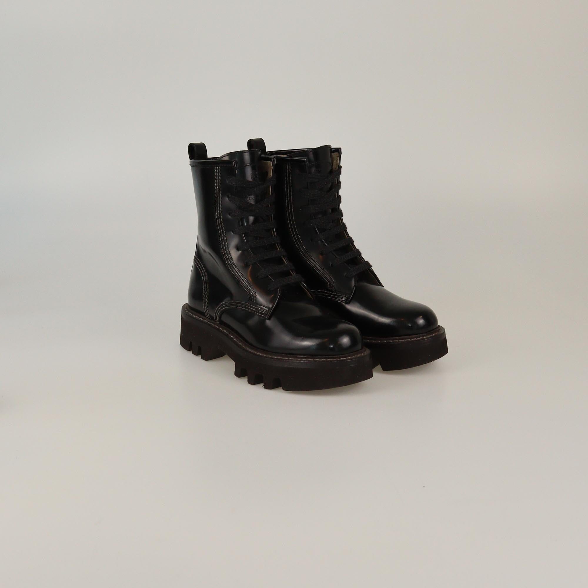 Brunello Cucinelli Black Beaded Lace Up Combat Boots Womens Brunello Cucinelli