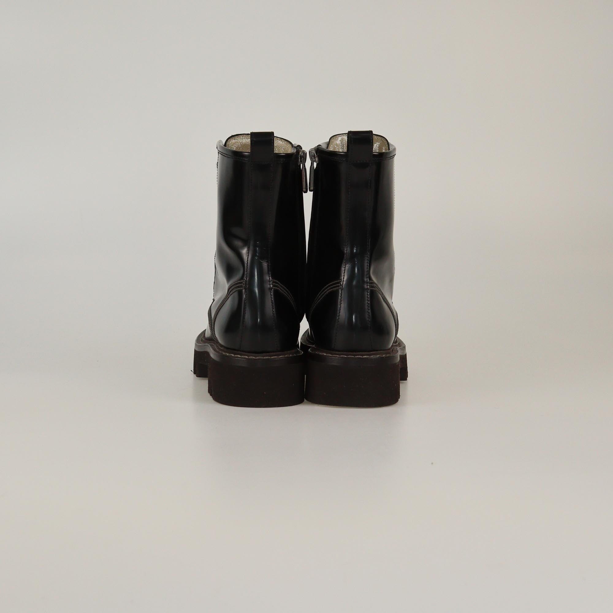 Brunello Cucinelli Black Beaded Lace Up Combat Boots Womens Brunello Cucinelli