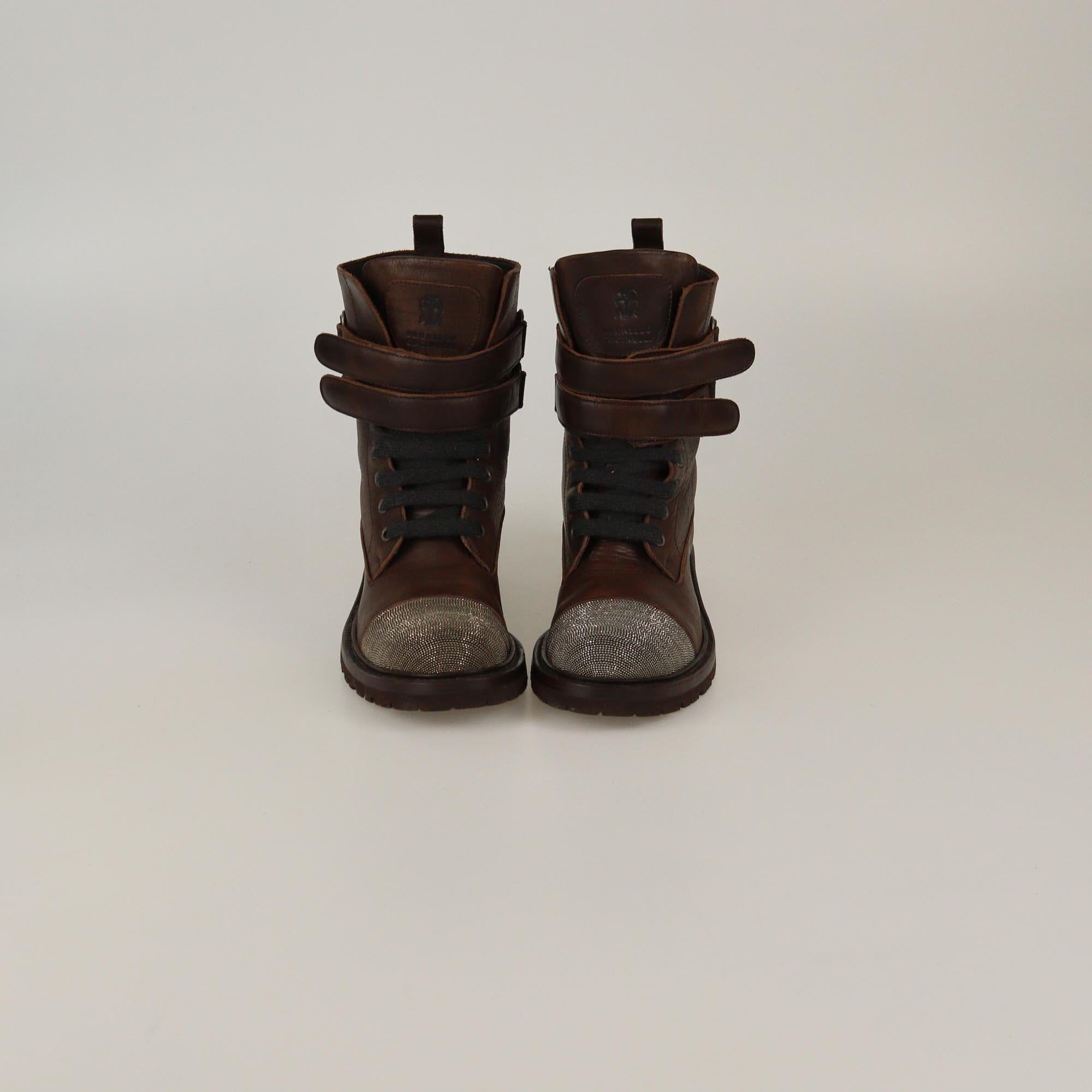 Brunello Cucinelli Brown Beaded Toe Double Strap Combat Boots Womens Brunello Cucinelli