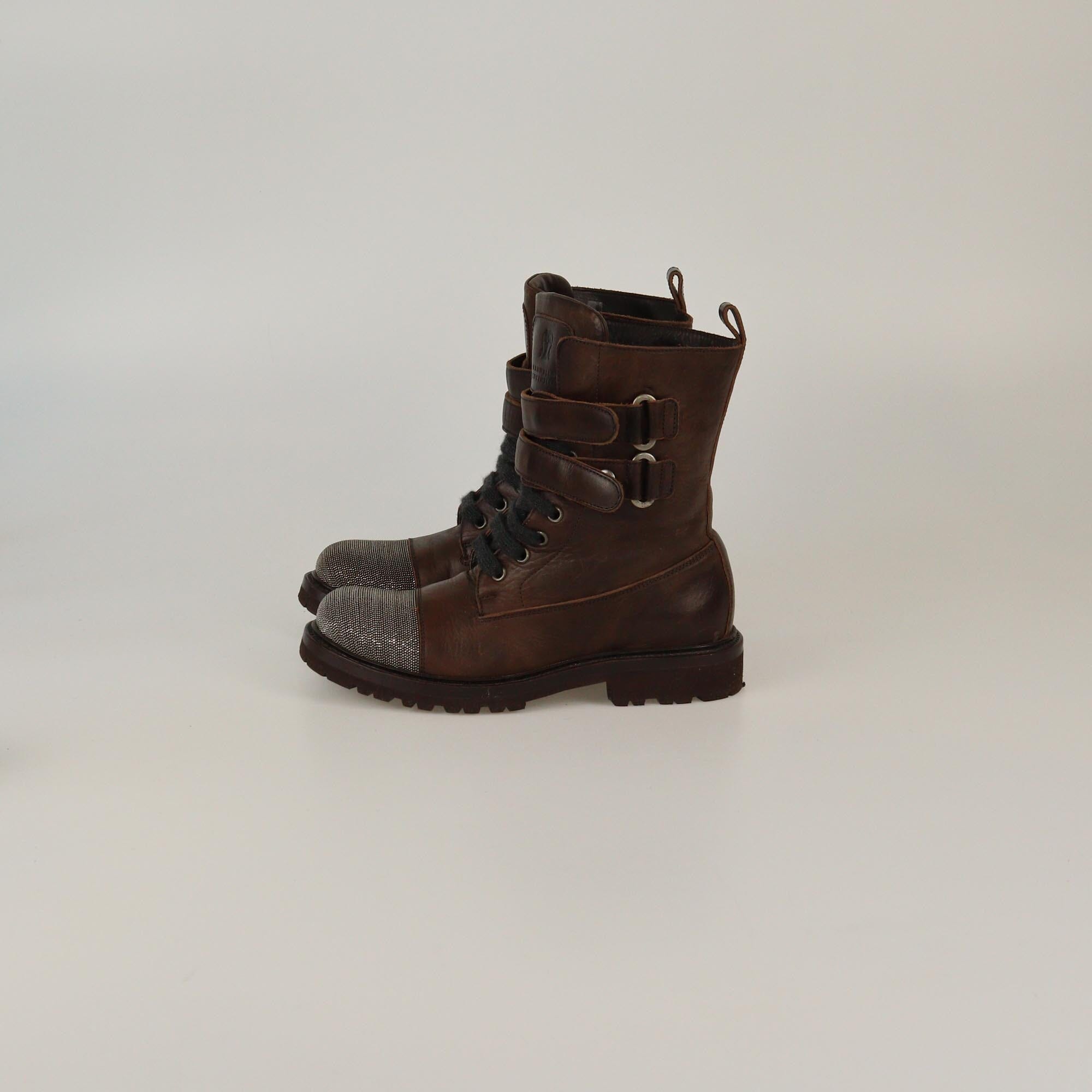 Brunello Cucinelli Brown Beaded Toe Double Strap Combat Boots Womens Brunello Cucinelli