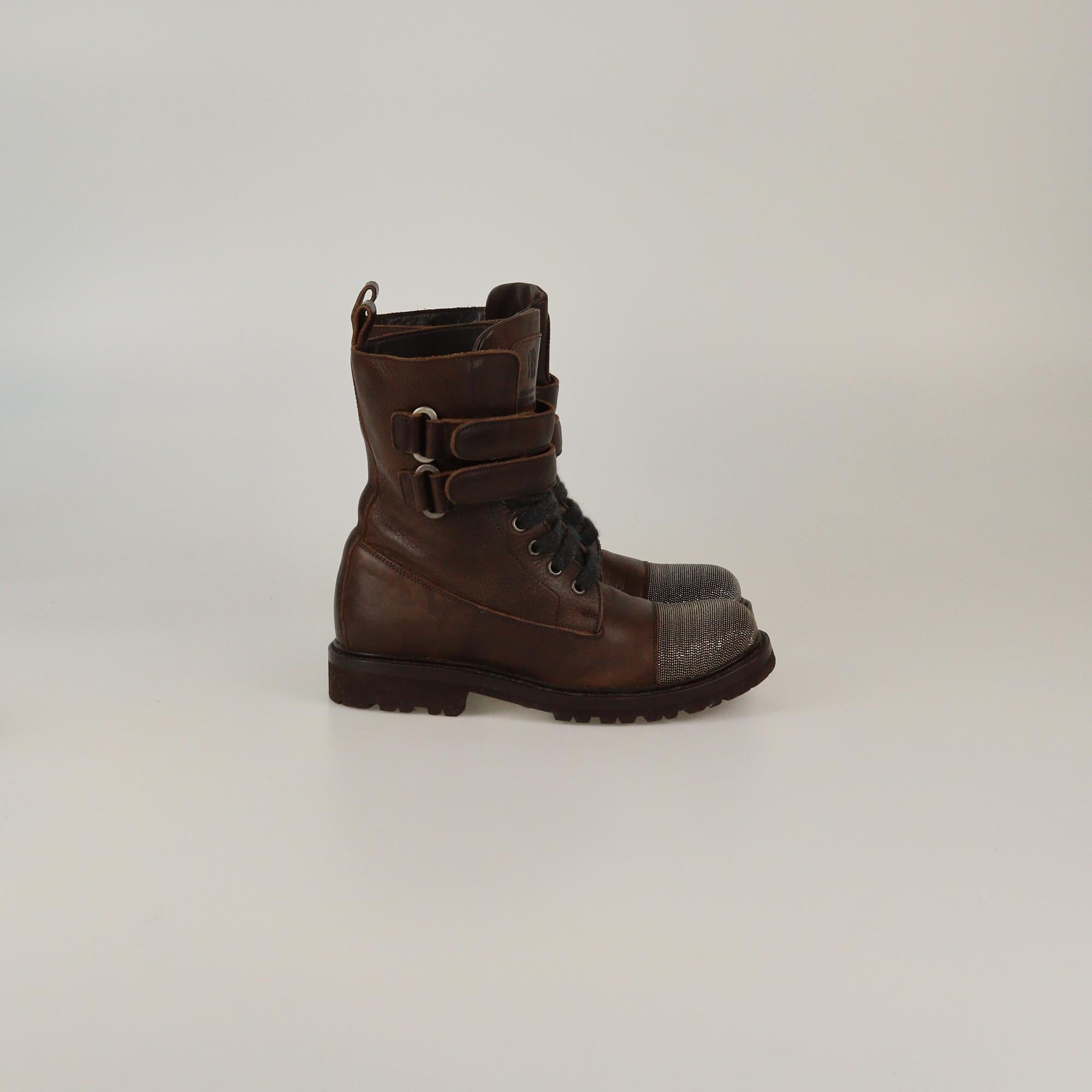 Brunello Cucinelli Brown Beaded Toe Double Strap Combat Boots Womens Brunello Cucinelli