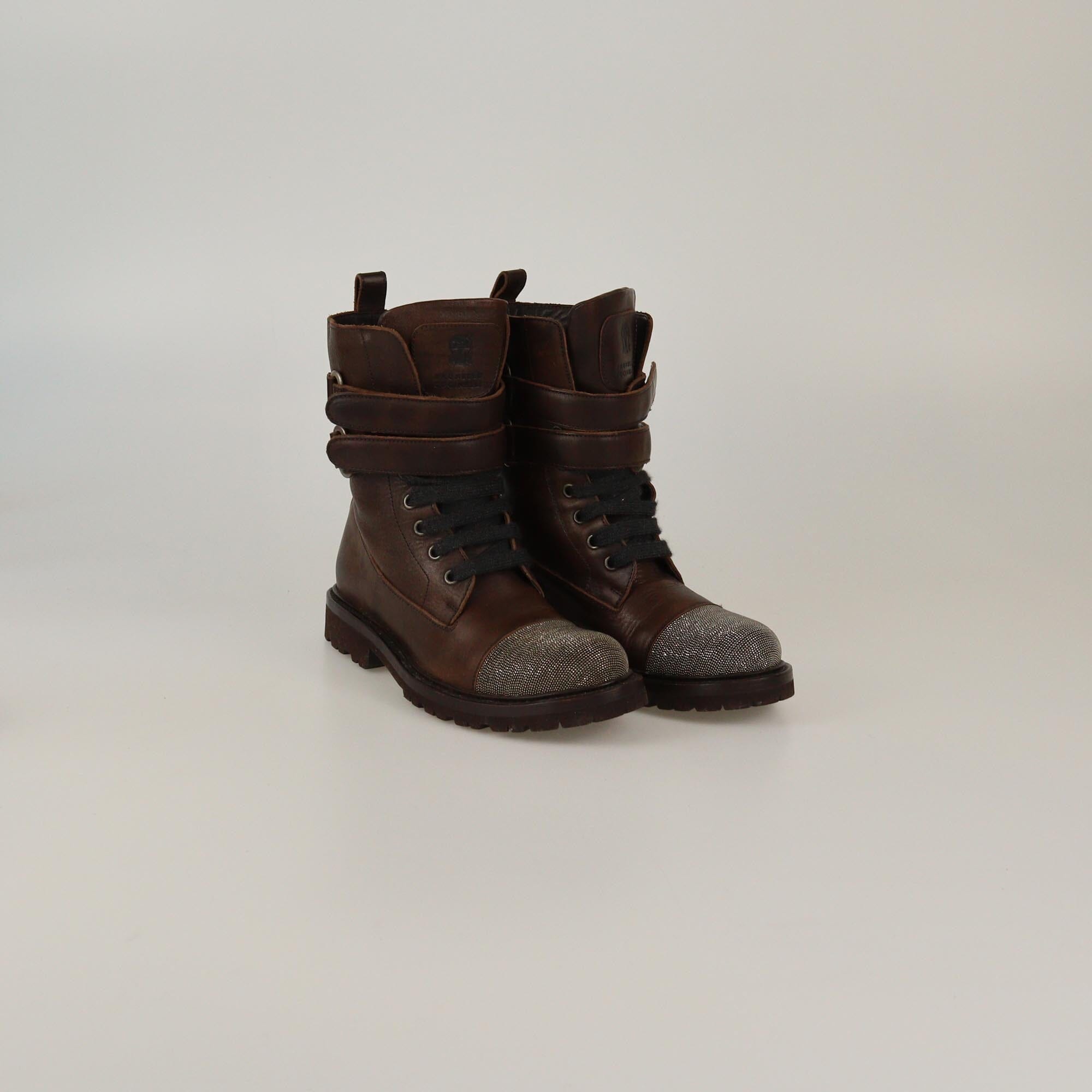 Brunello Cucinelli Brown Beaded Toe Double Strap Combat Boots Womens Brunello Cucinelli