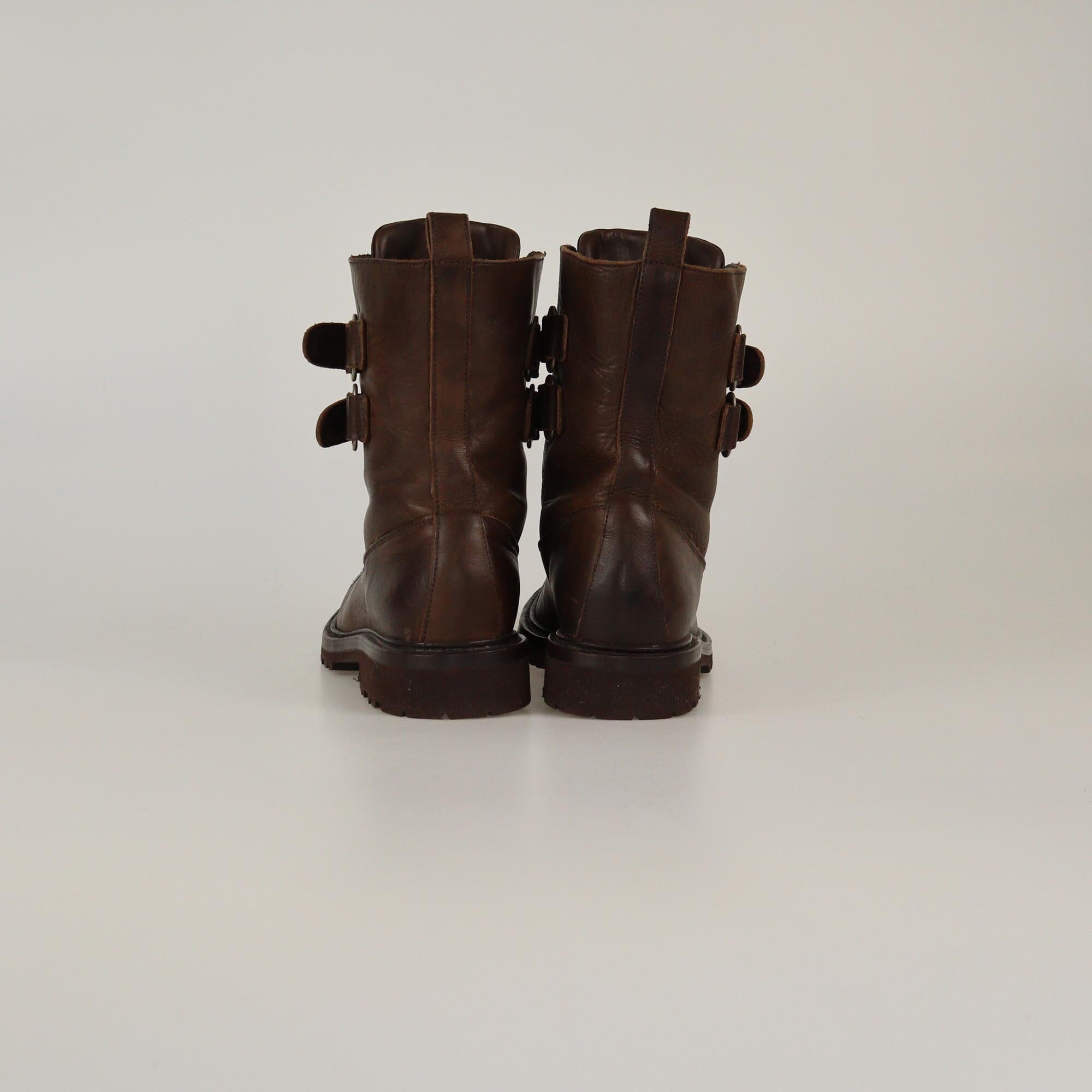 Brunello Cucinelli Brown Beaded Toe Double Strap Combat Boots Womens Brunello Cucinelli