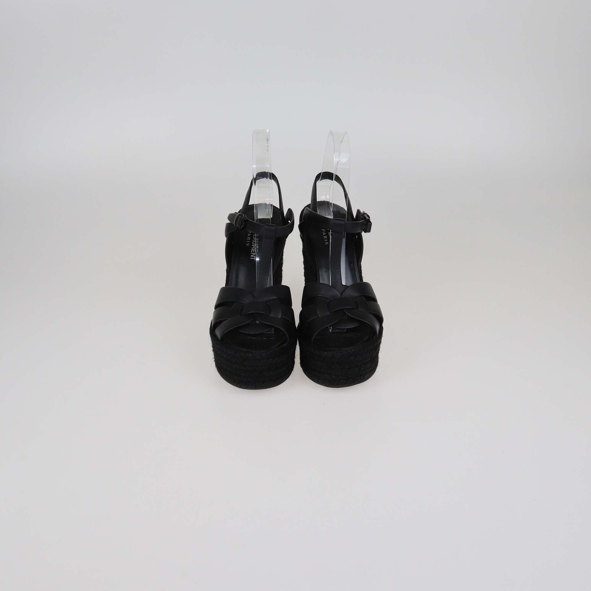 Saint Laurent Black Leather Tribute Espadrilles Wedge Sandals
