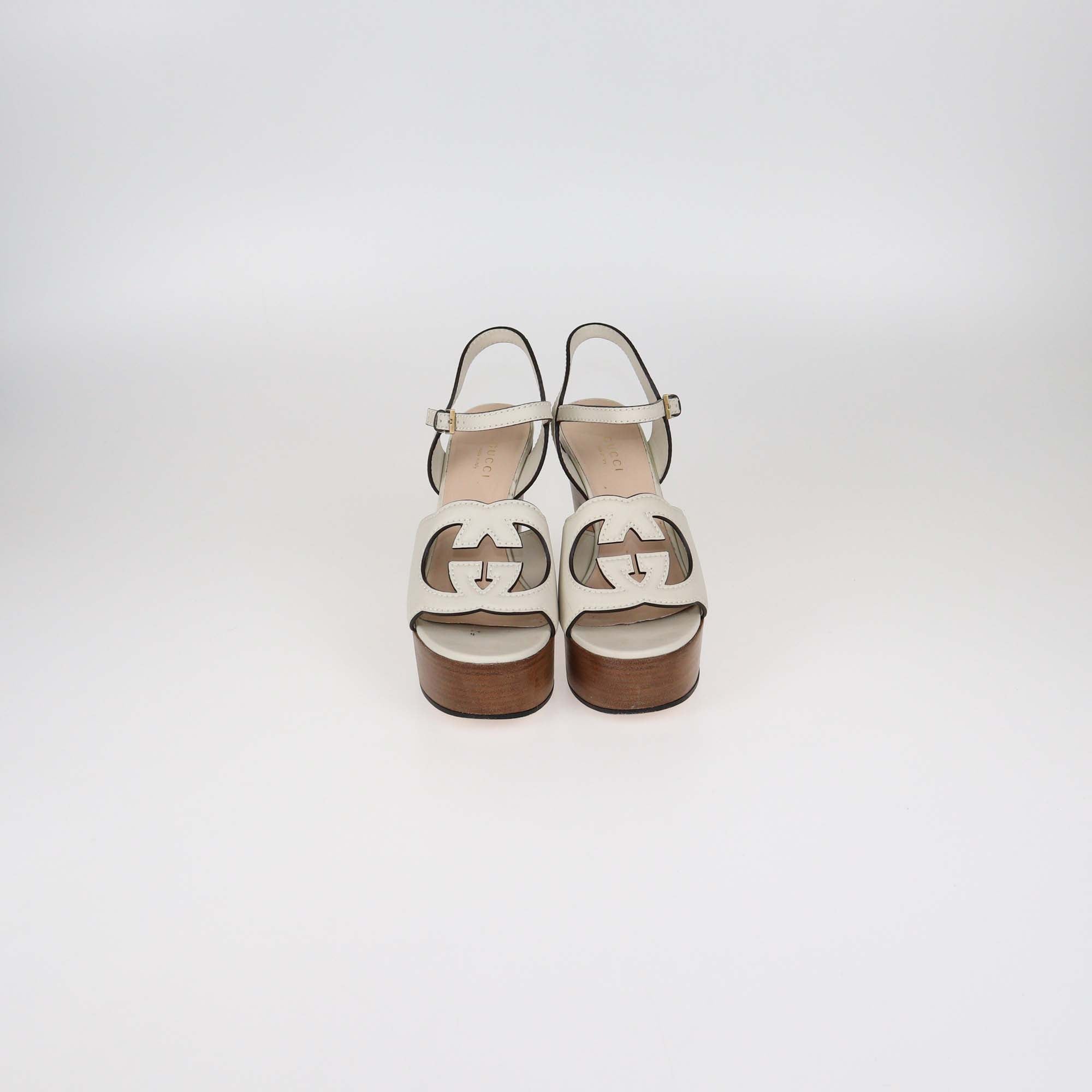 Gucci Mystic White Leather Interlocking G Cut Out Platform Sandals