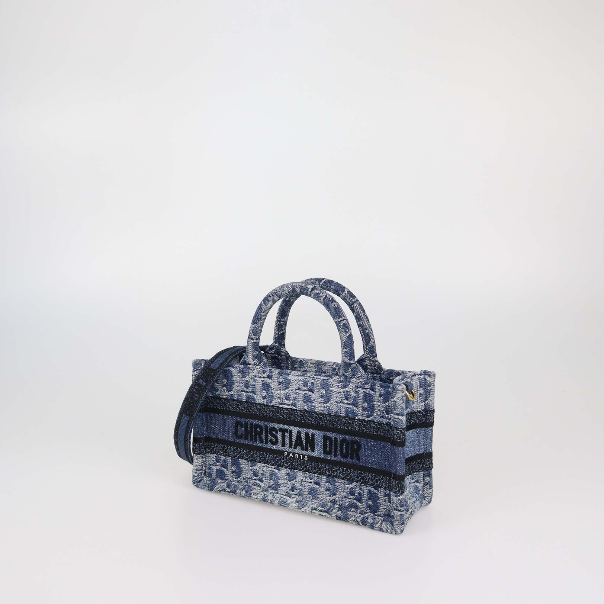Christian Dior Blue Oblique Chambray Effect Embroidery Denim Mini Book Tote