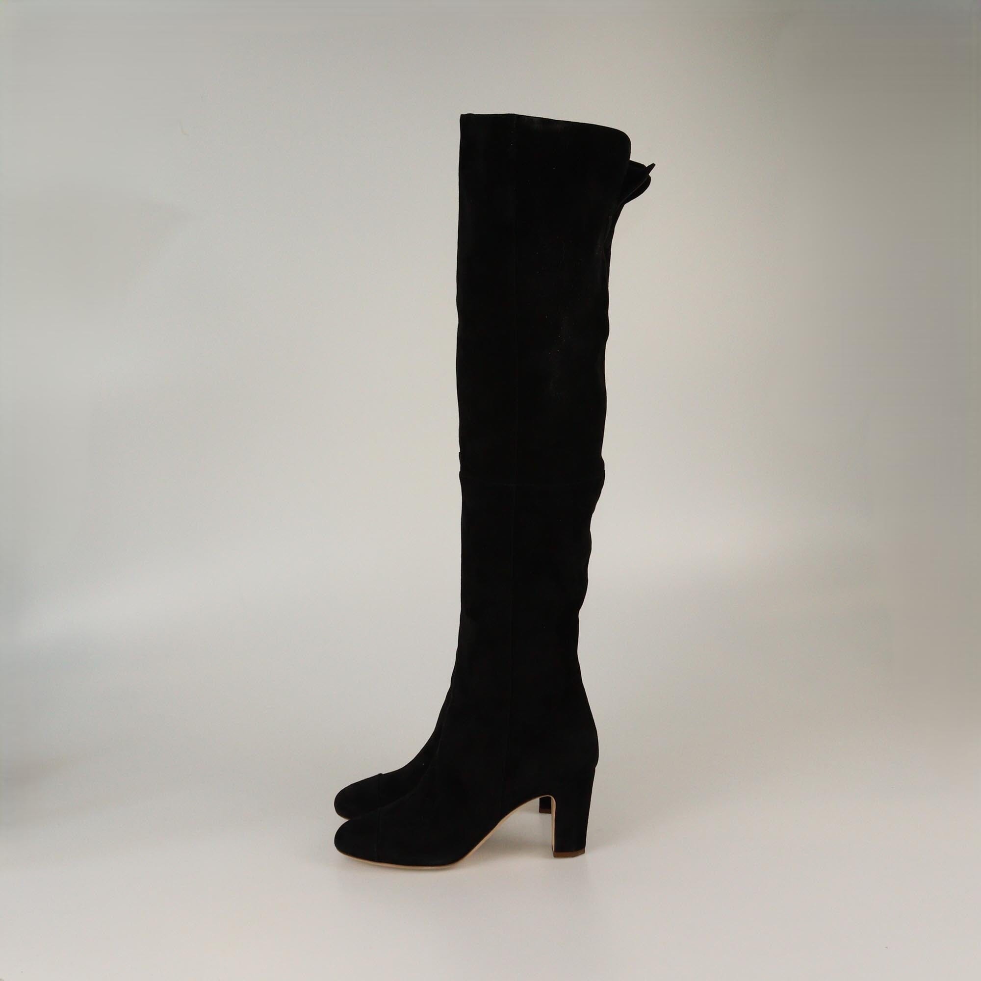 Chanel Black CC Cap Toe High Knee Boots Womens Chanel