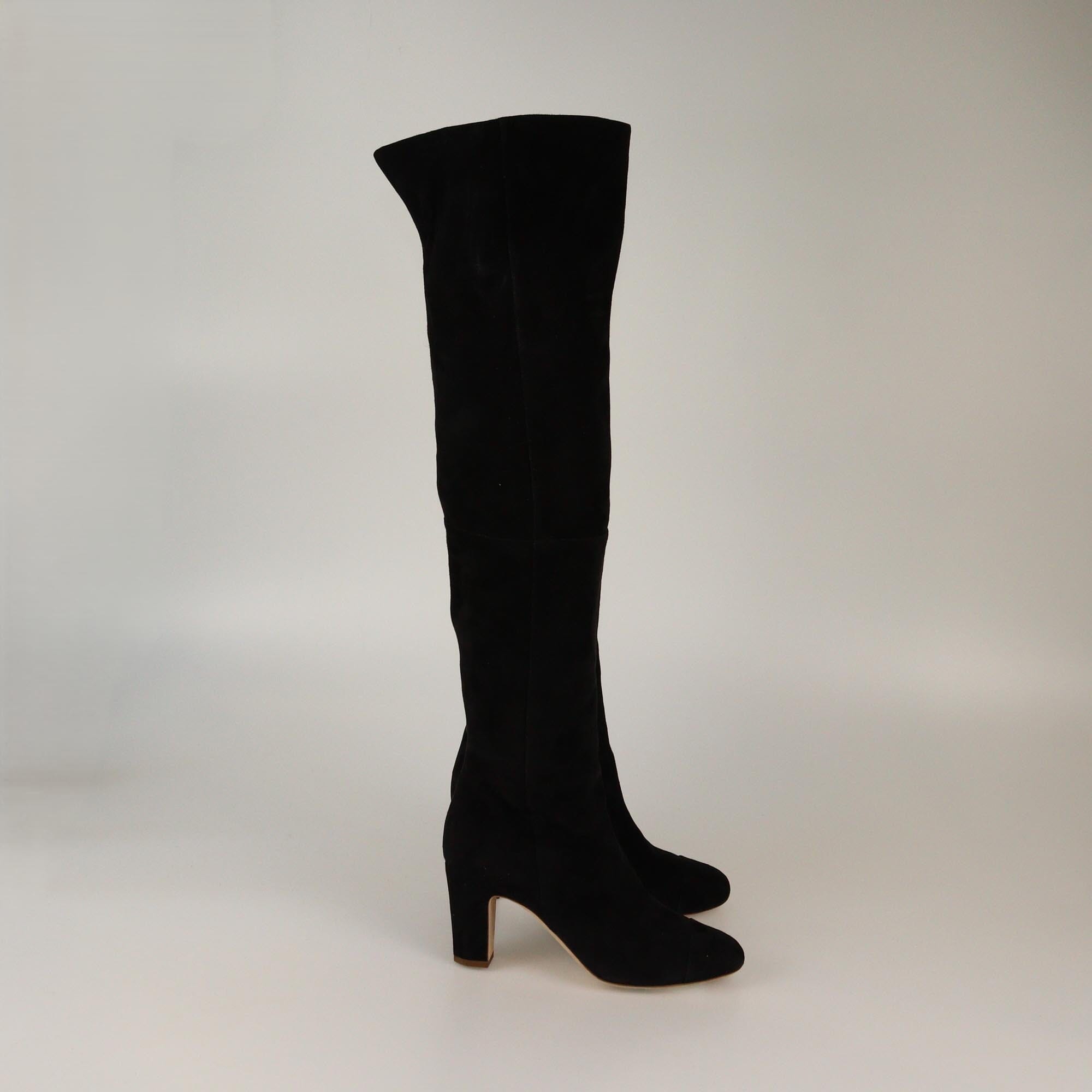 Chanel Black CC Cap Toe High Knee Boots Womens Chanel