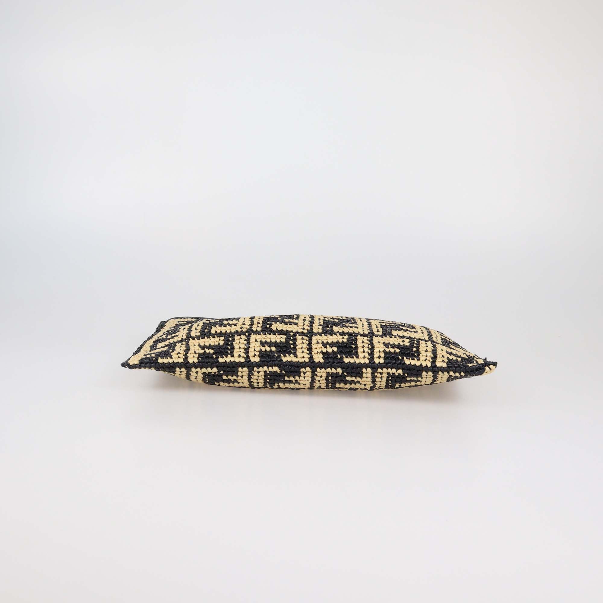 Fendi Black/Natural FF Raffia Large Flat Zip Wristlet Pouch