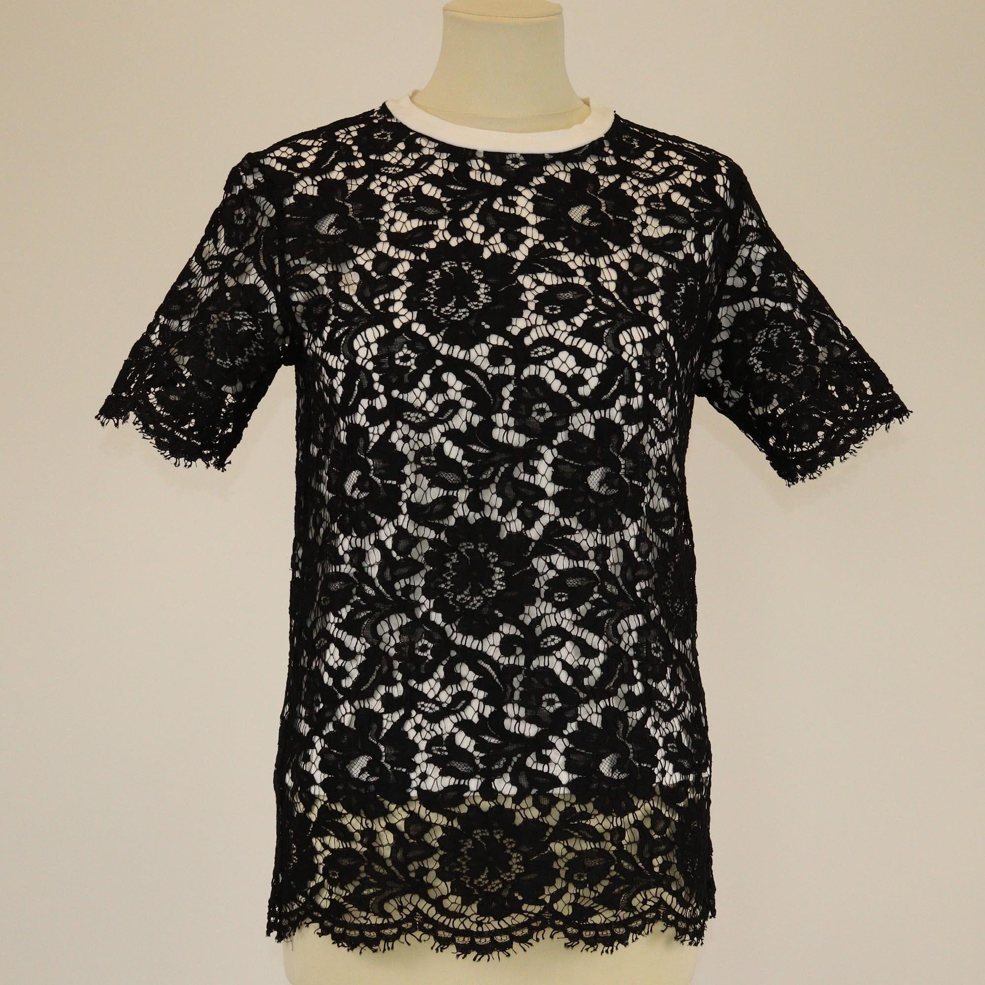 Valentino Black/White Lace Short Sleeve T-Shirt Womens Valentino