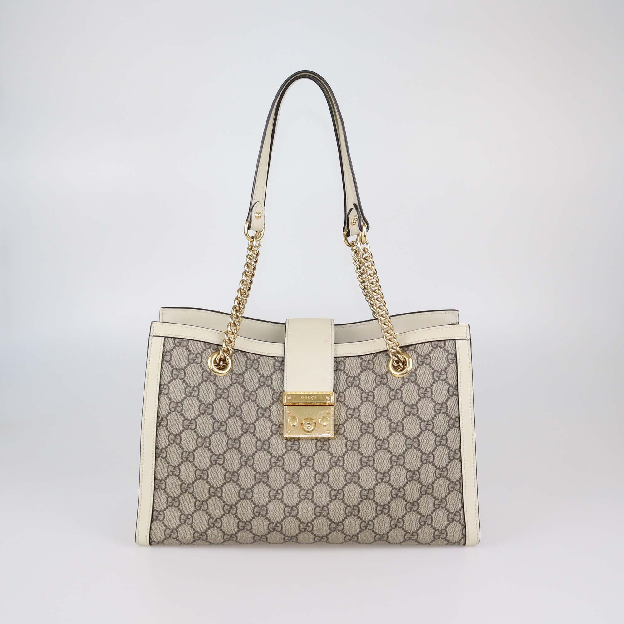 Gucci Beige/Off White GG Supreme Canvas Leather Medium Padlock Tote