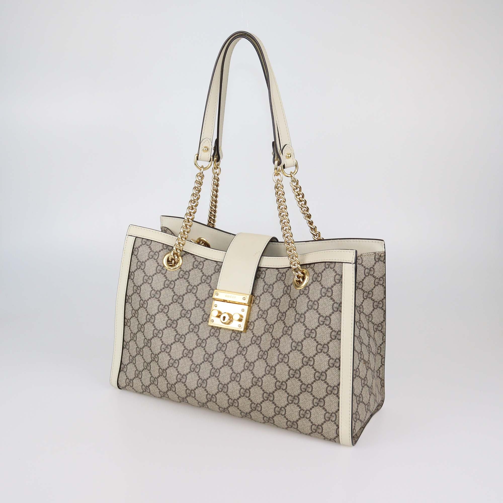 Gucci Beige/Off White GG Supreme Canvas Leather Medium Padlock Tote