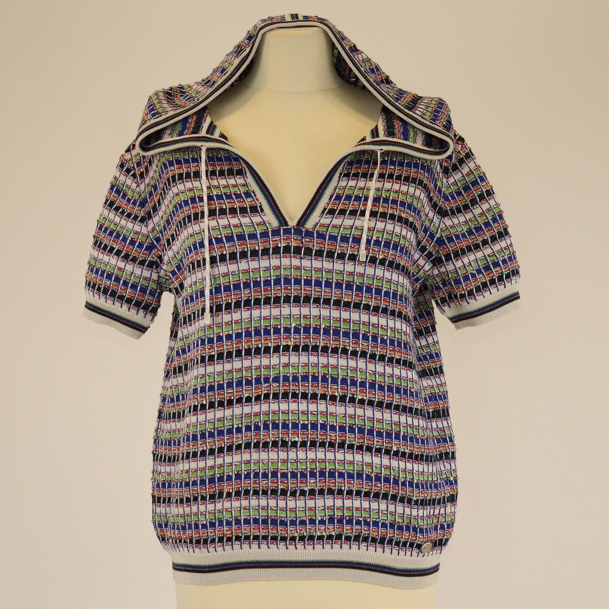 Chanel Multicolor Knitted Short Sleeve Hoodie Sweater Womens Chanel