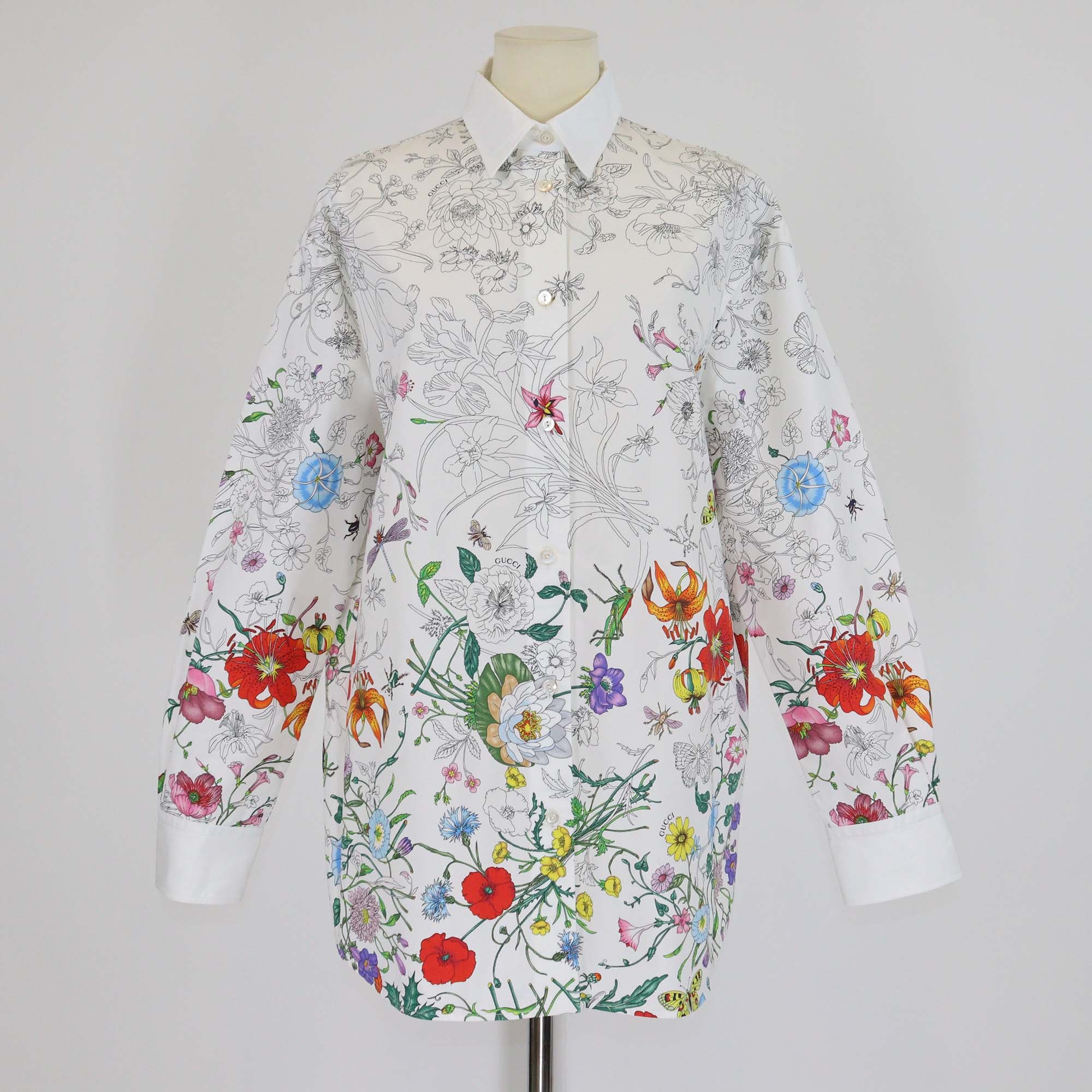 Gucci White Cotton Poplin Botanical Print Long Sleeve Shirt
