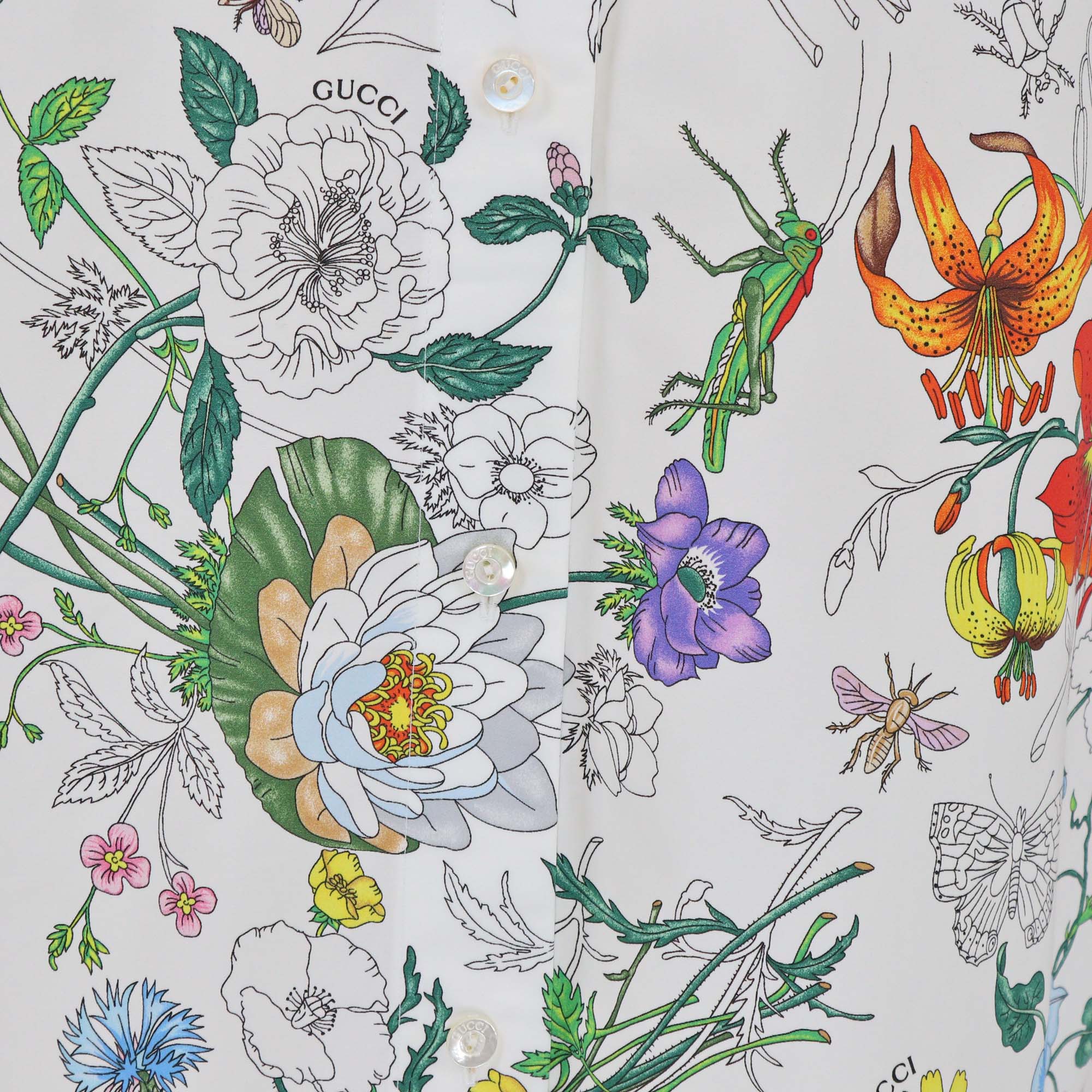 Gucci White Cotton Poplin Botanical Print Long Sleeve Shirt