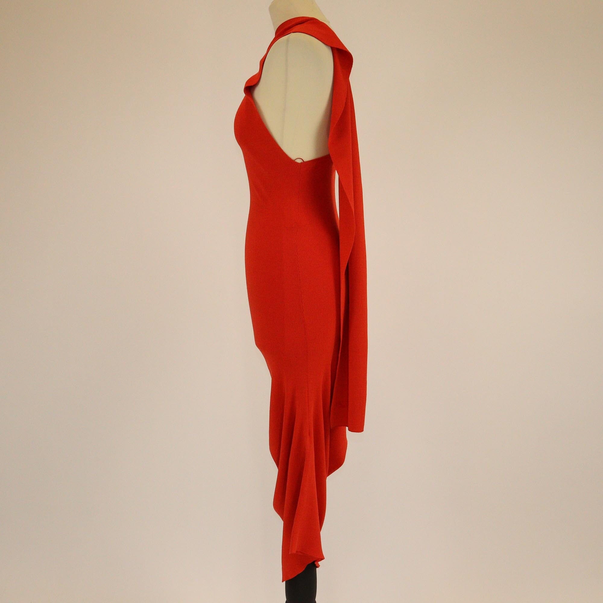 Fendi Red Backless Halter Tie Neck Asymmetrical Hem Drapped Midi Dress Womens Fendi