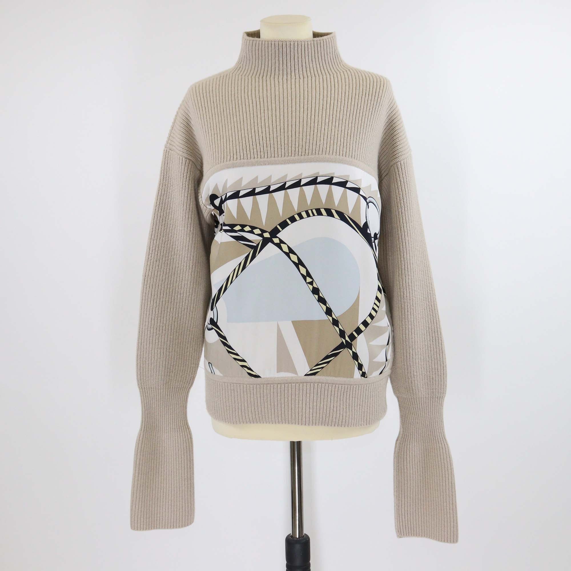 Hermes Beige Silk Wool Blend Figure Artistique Print Knit Long Sleeve Sweater