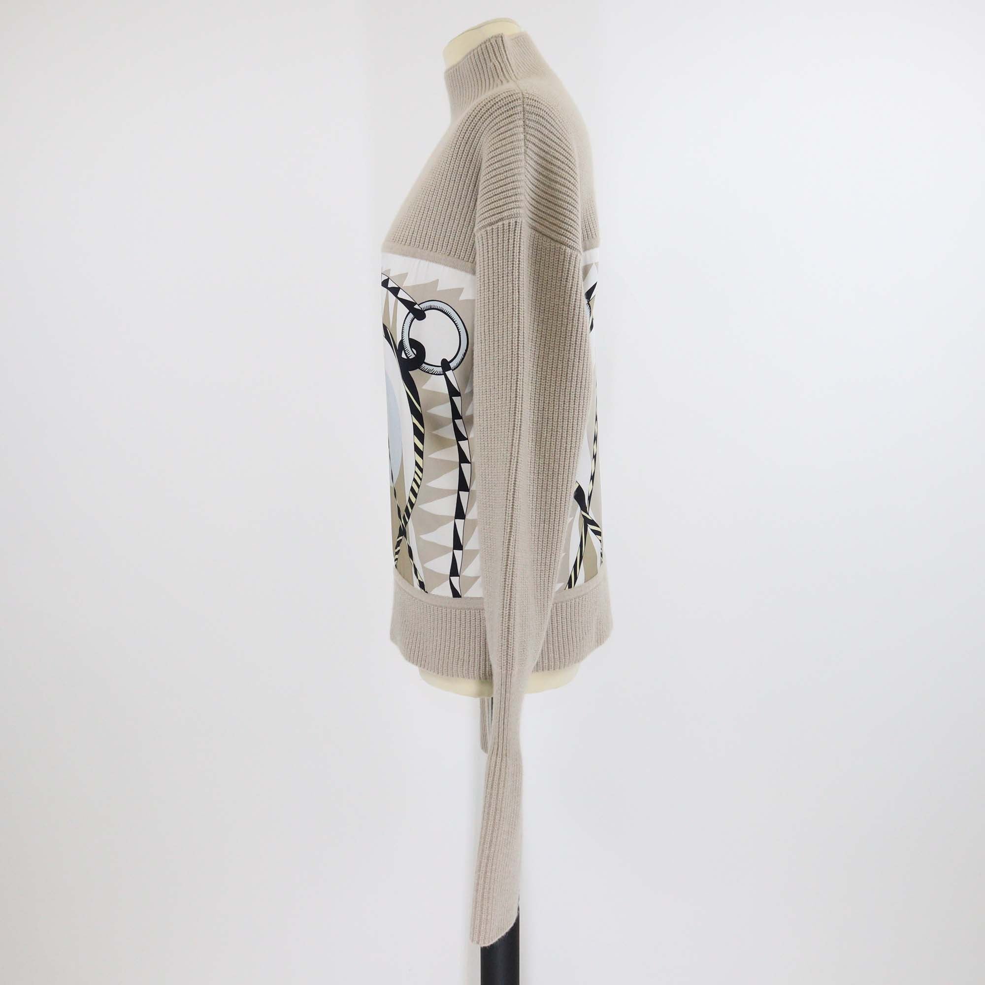Hermes Beige Silk Wool Blend Figure Artistique Print Knit Long Sleeve Sweater