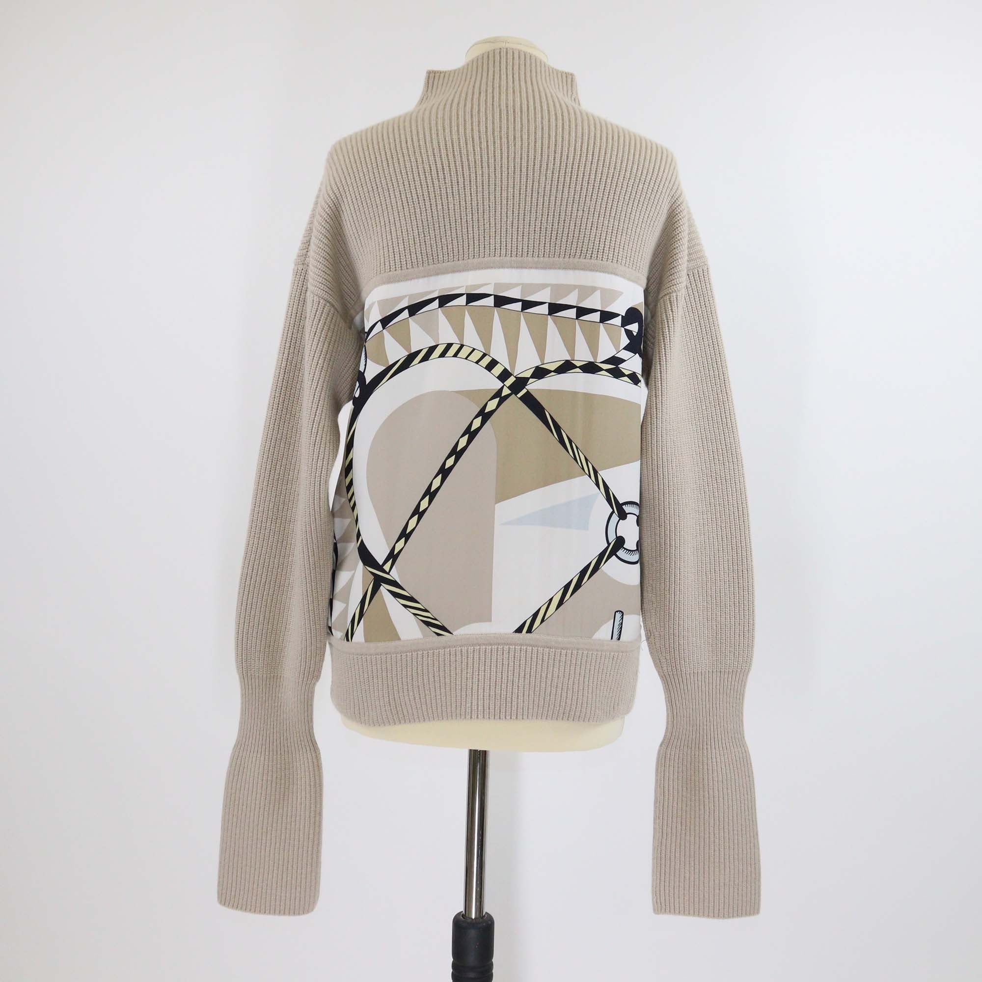 Hermes Beige Silk Wool Blend Figure Artistique Print Knit Long Sleeve Sweater