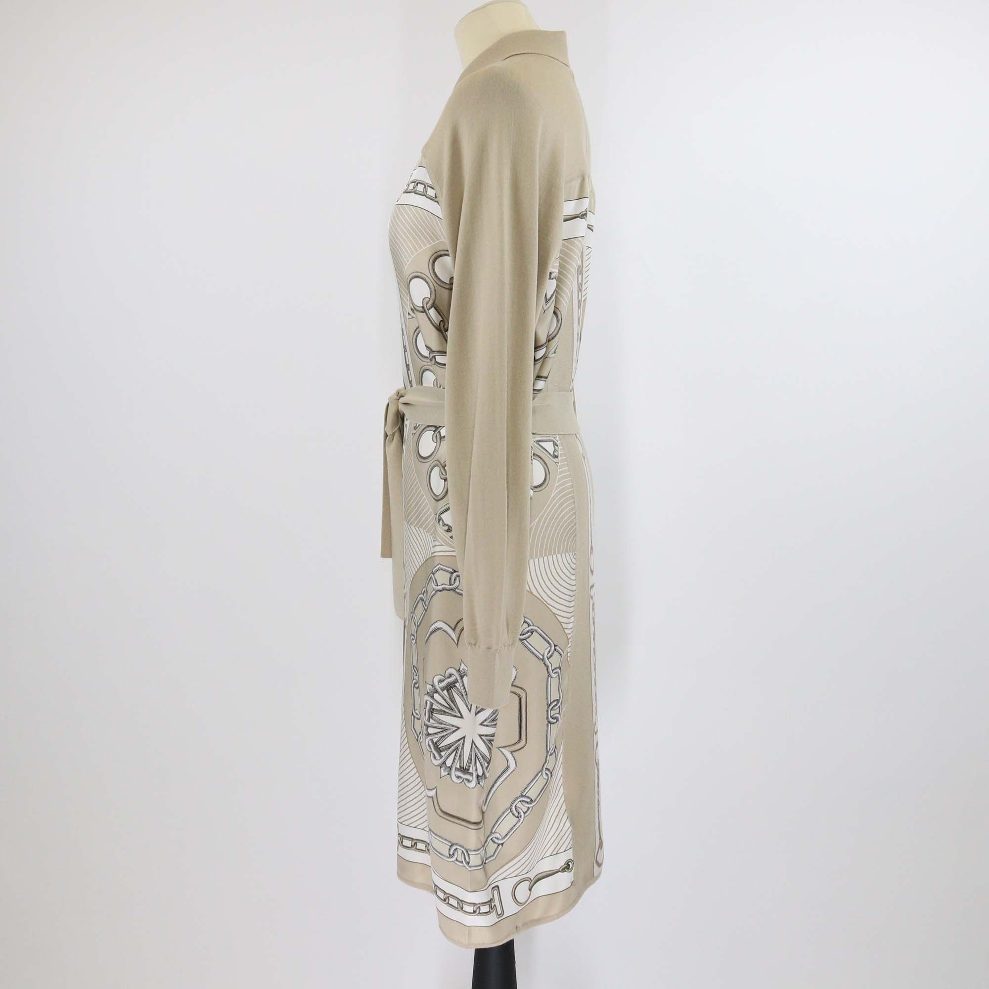 Hermes Beige Silk Effet Kaleidoscope Print Belted Long Sleeve Shirt Midi Dress