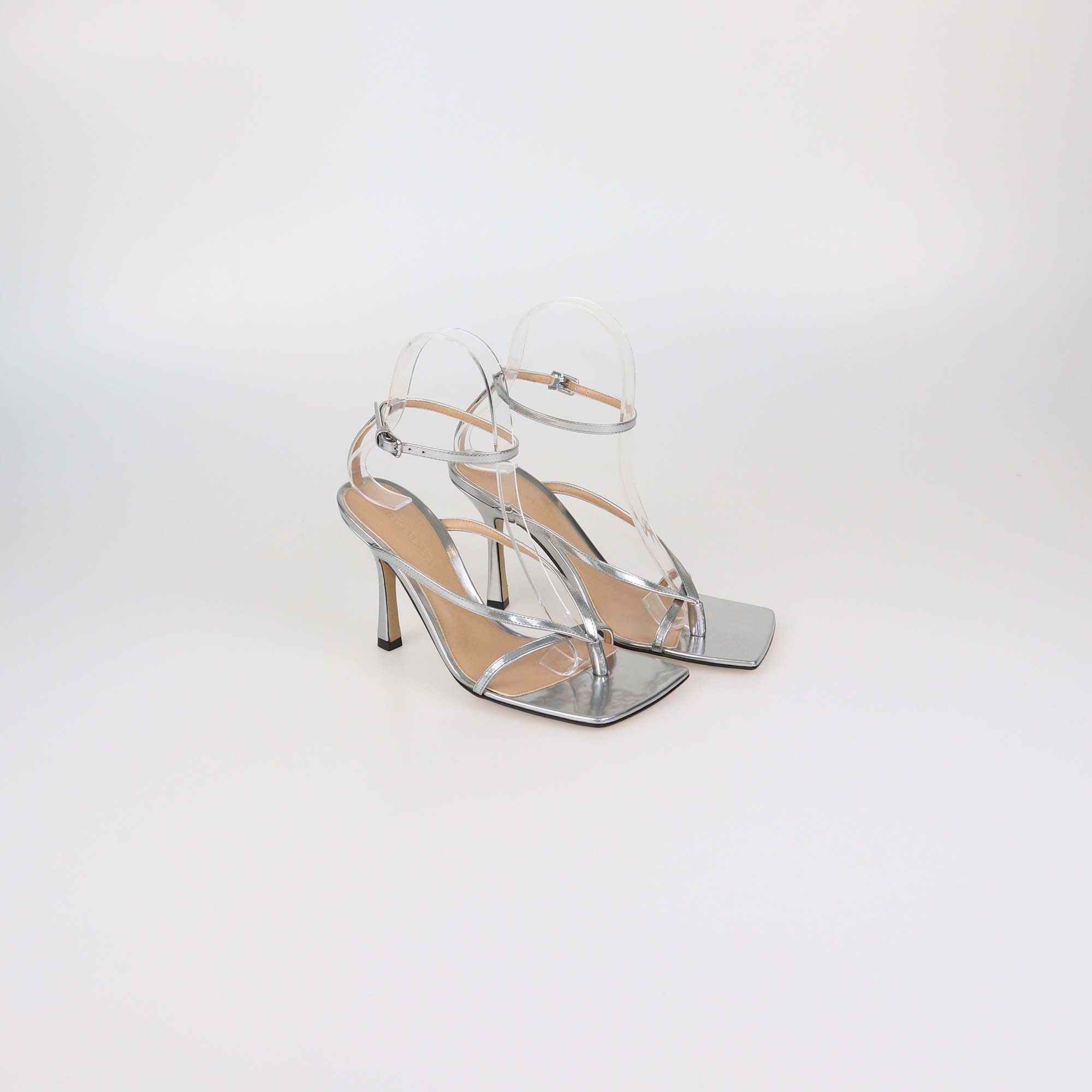 Bottega Veneta Silver Patent Leather Stretch Ankle Strap Sandals