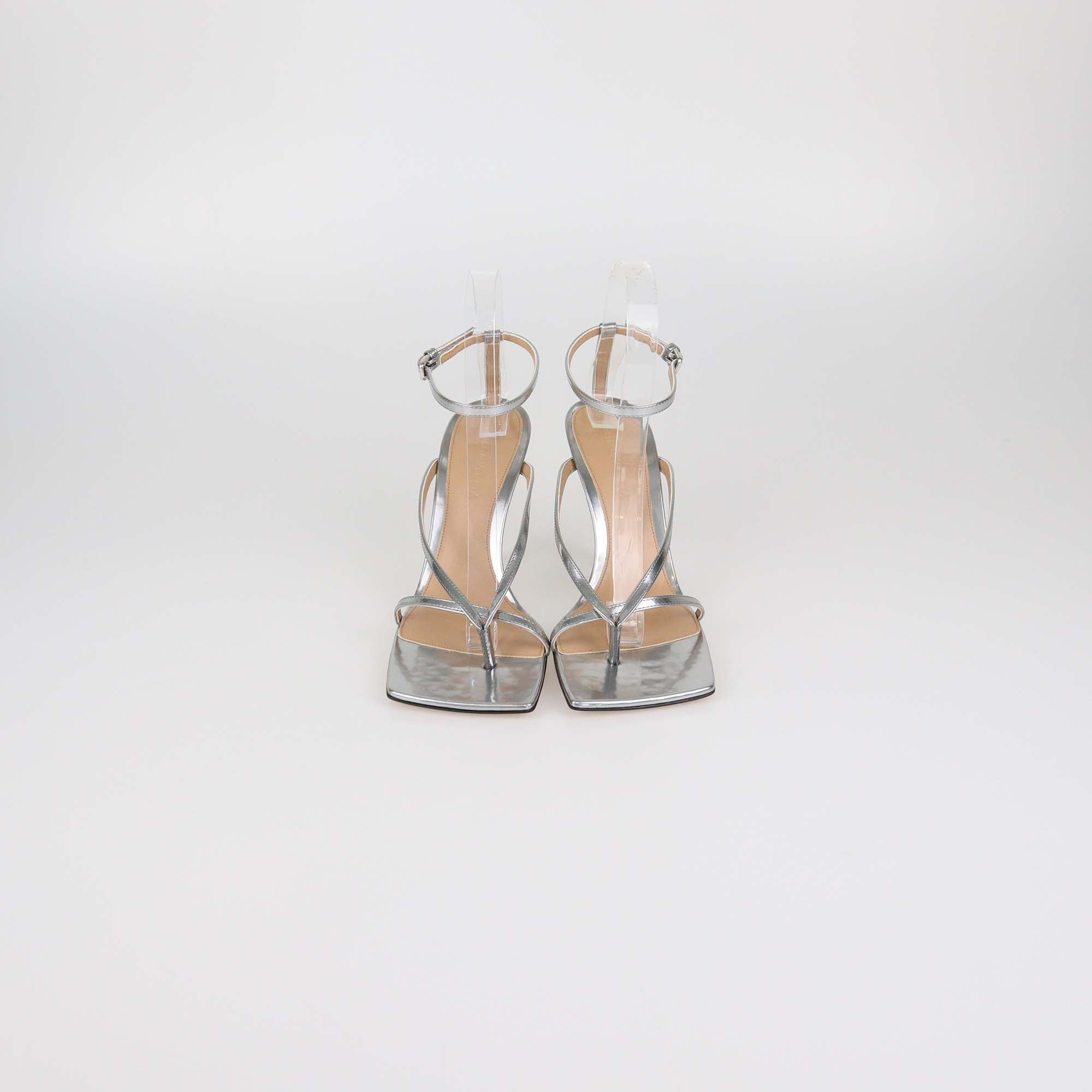 Bottega Veneta Silver Patent Leather Stretch Ankle Strap Sandals