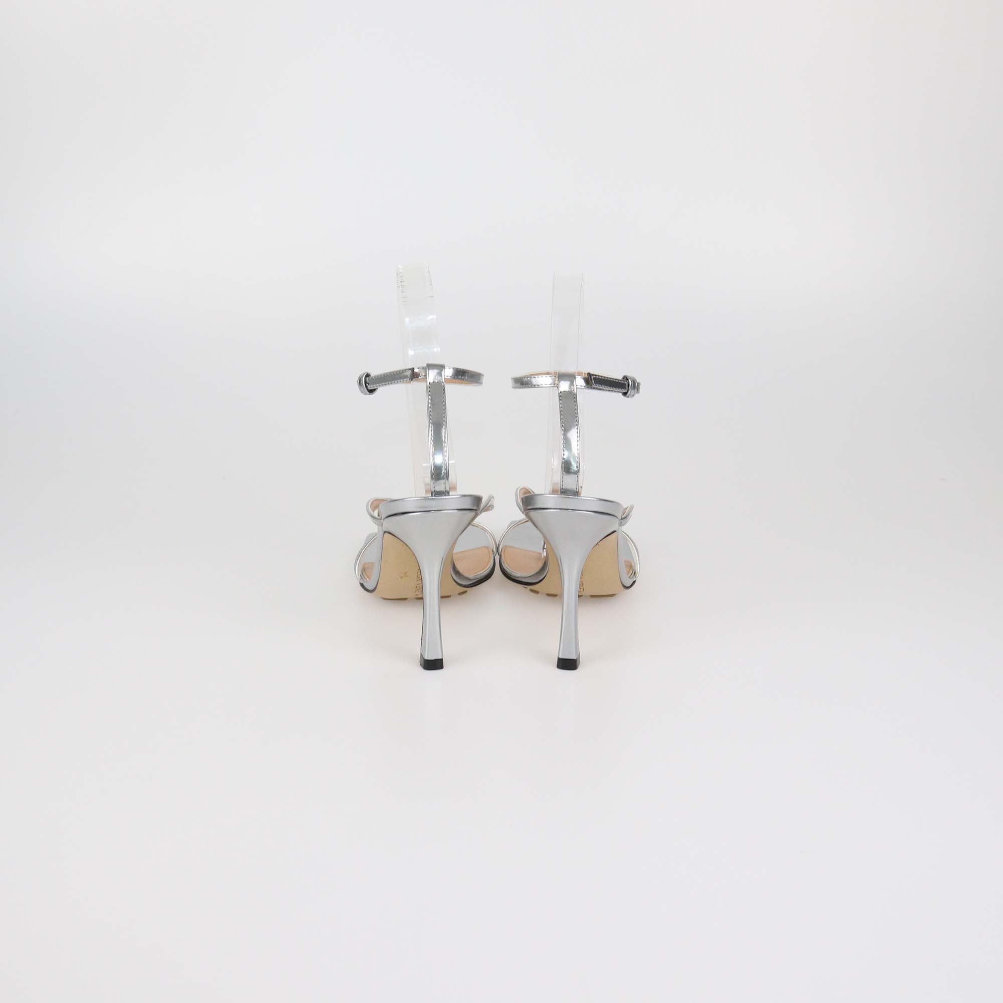 Bottega Veneta Silver Patent Leather Stretch Ankle Strap Sandals