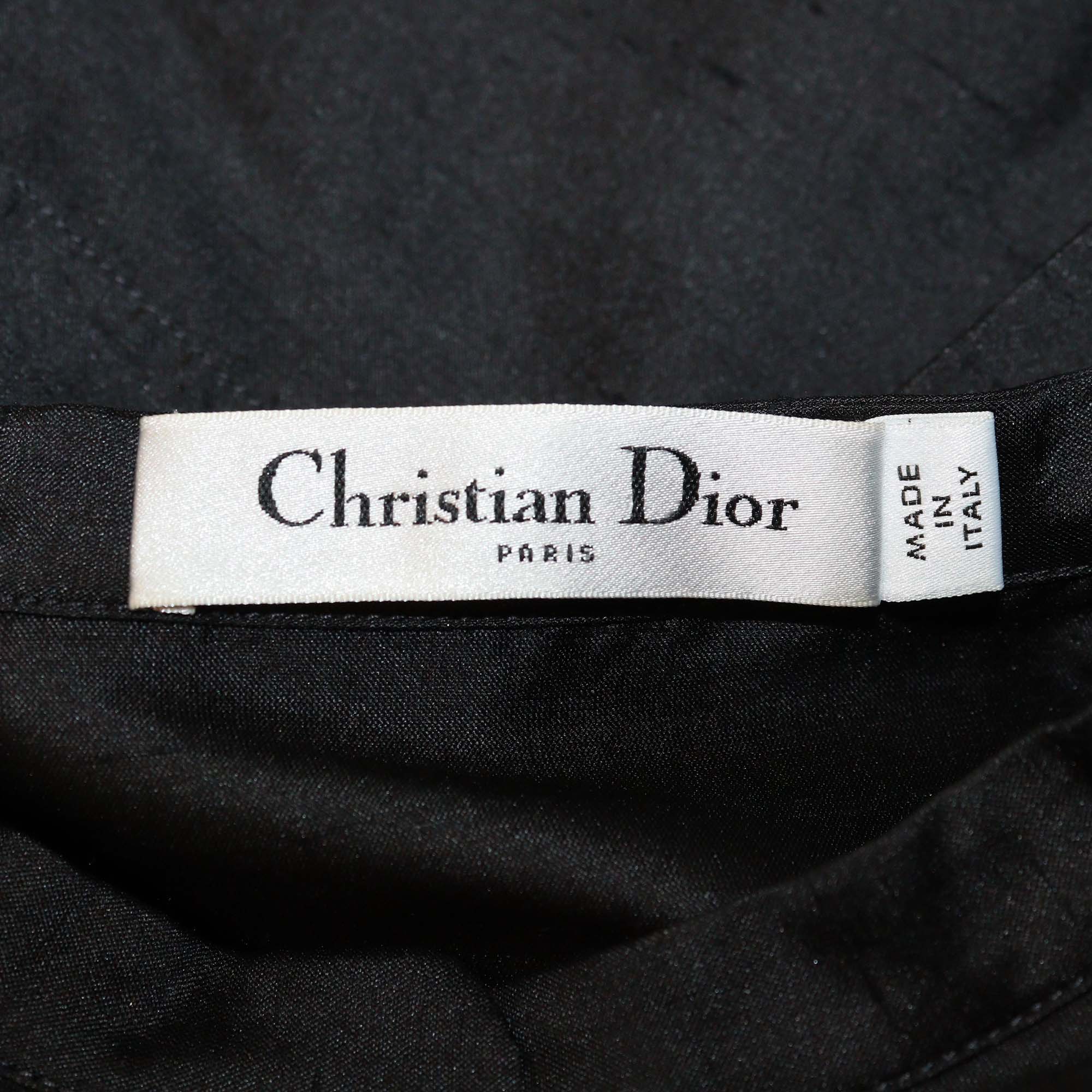 Christian Dior Black Textured Silk Bee Logo Embroidered Tunic Long Blouse
