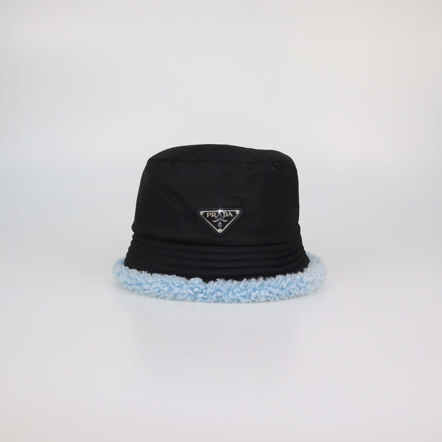 Prada Black/Blue Nylon and Sheep Fur Bucket Hat