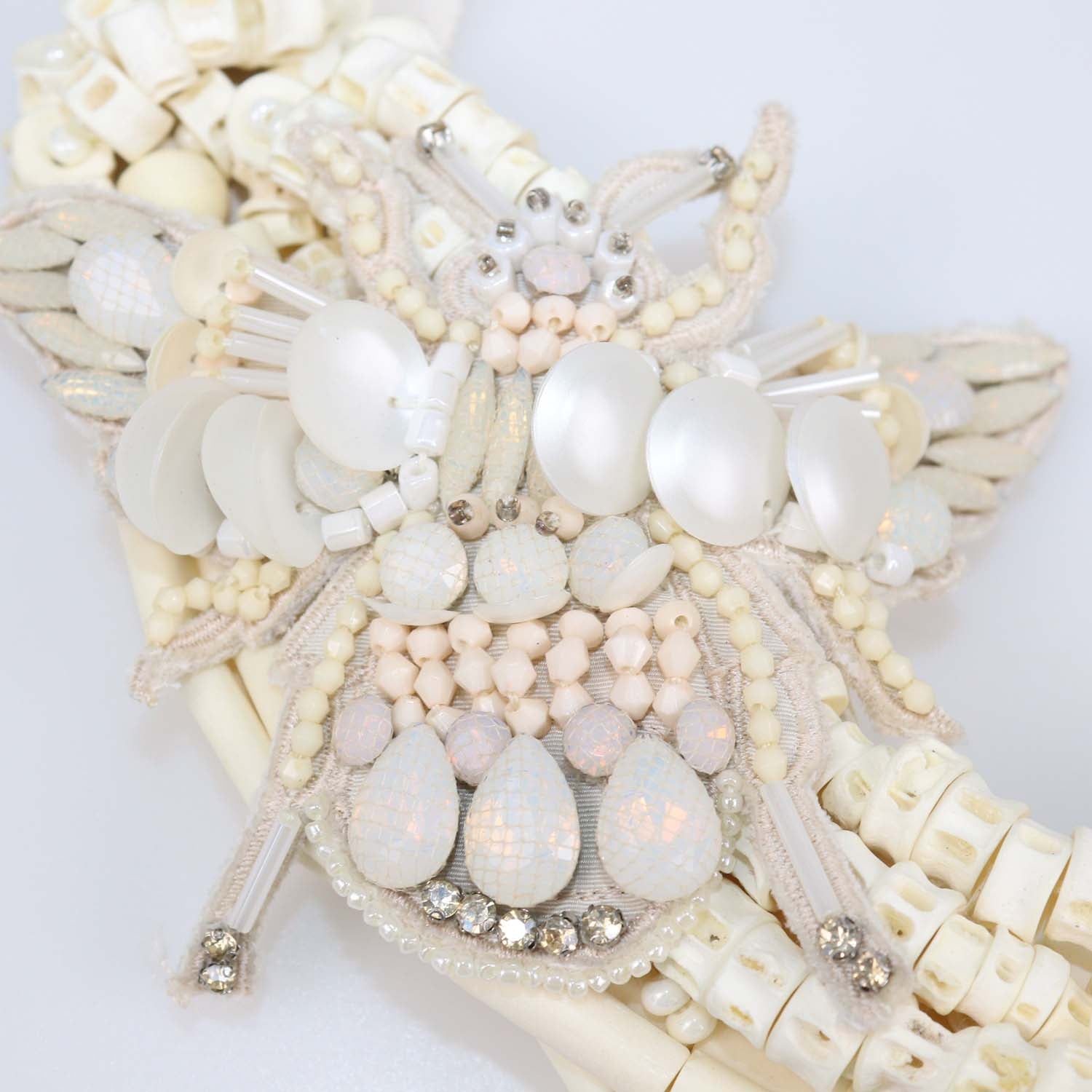 Biyan Off-White Embroidered Sequin and Crystal Embellished Tie Necklace