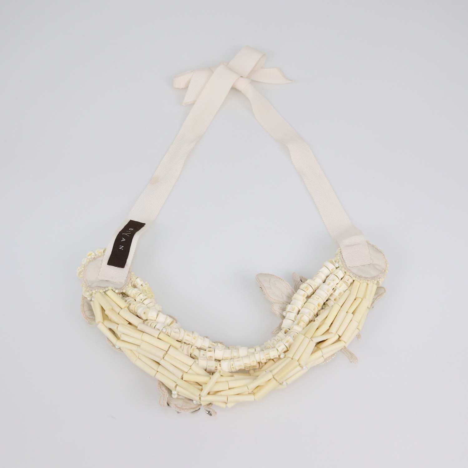 Biyan Off-White Embroidered Sequin and Crystal Embellished Tie Necklace