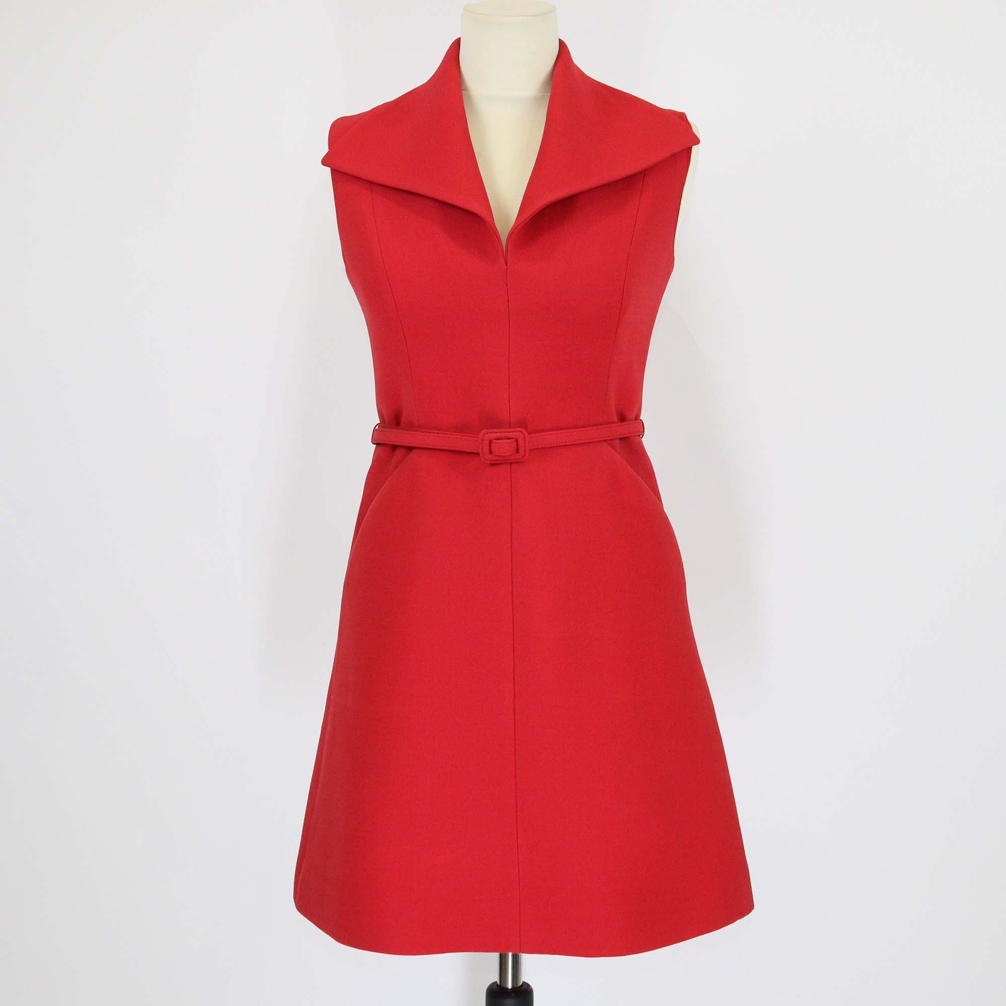 Christian Dior Red Wool Collar Belted Sleeveless Mini Dress