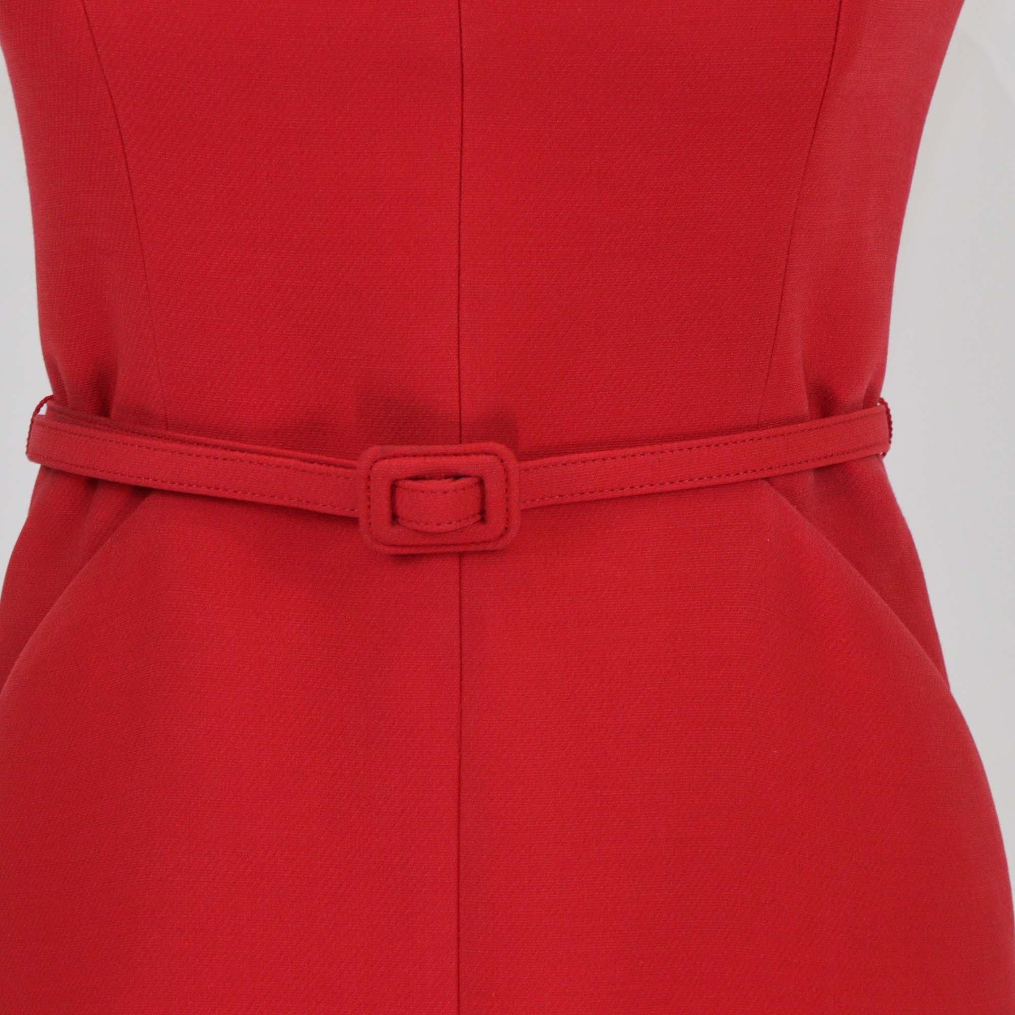 Christian Dior Red Wool Collar Belted Sleeveless Mini Dress