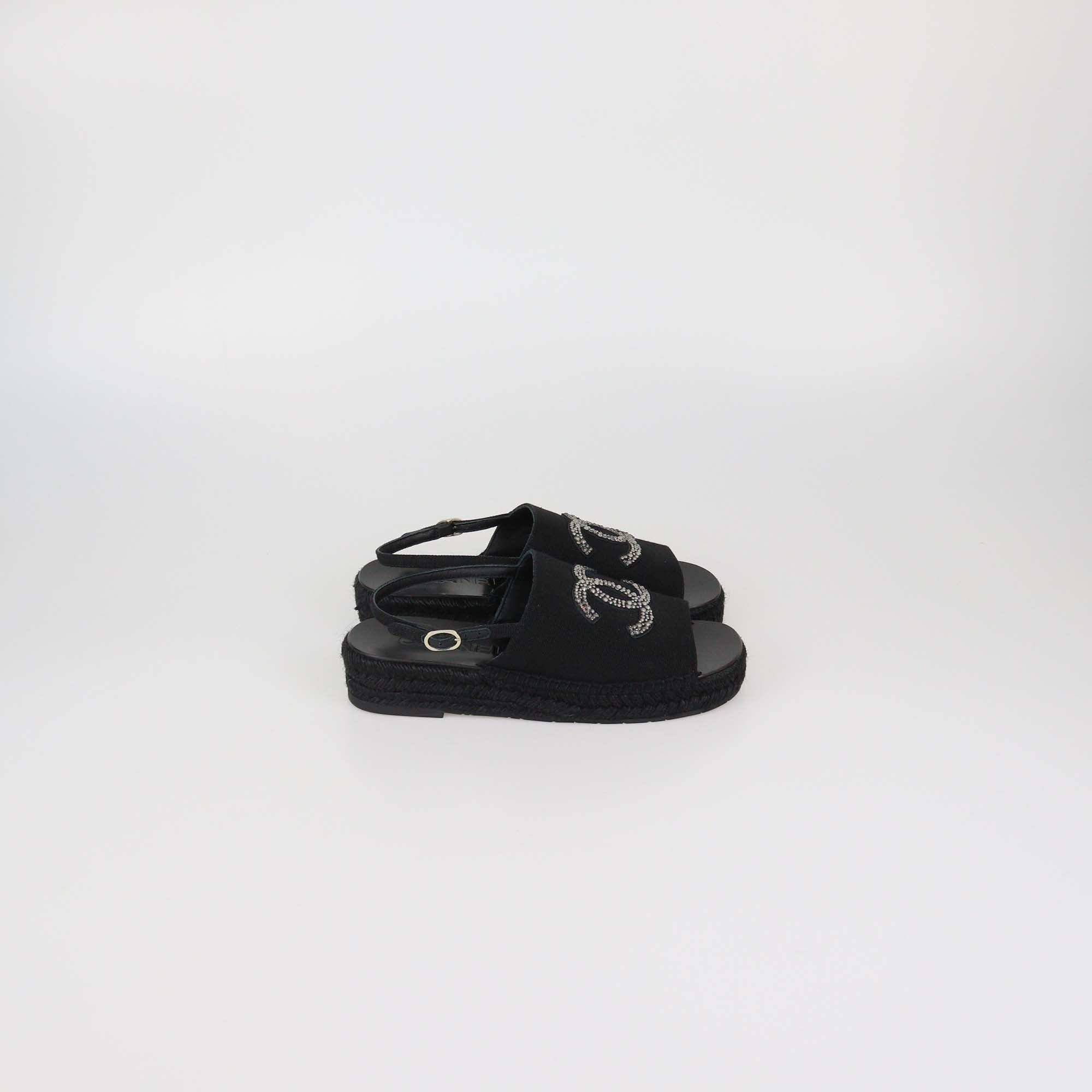Chanel Black Canvas CC Crystal Slingback Espadrille Sandals
