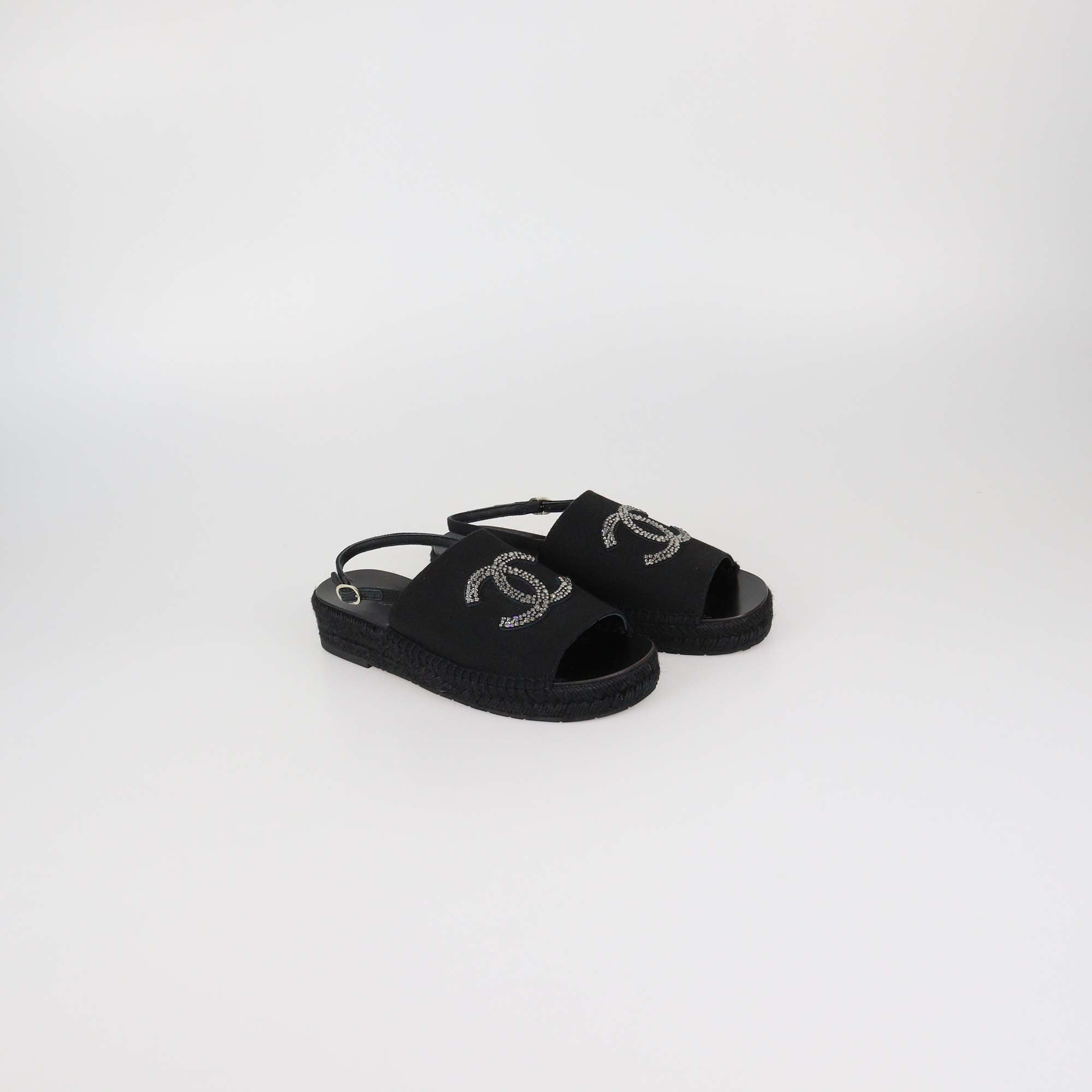 Chanel Black Canvas CC Crystal Slingback Espadrille Sandals
