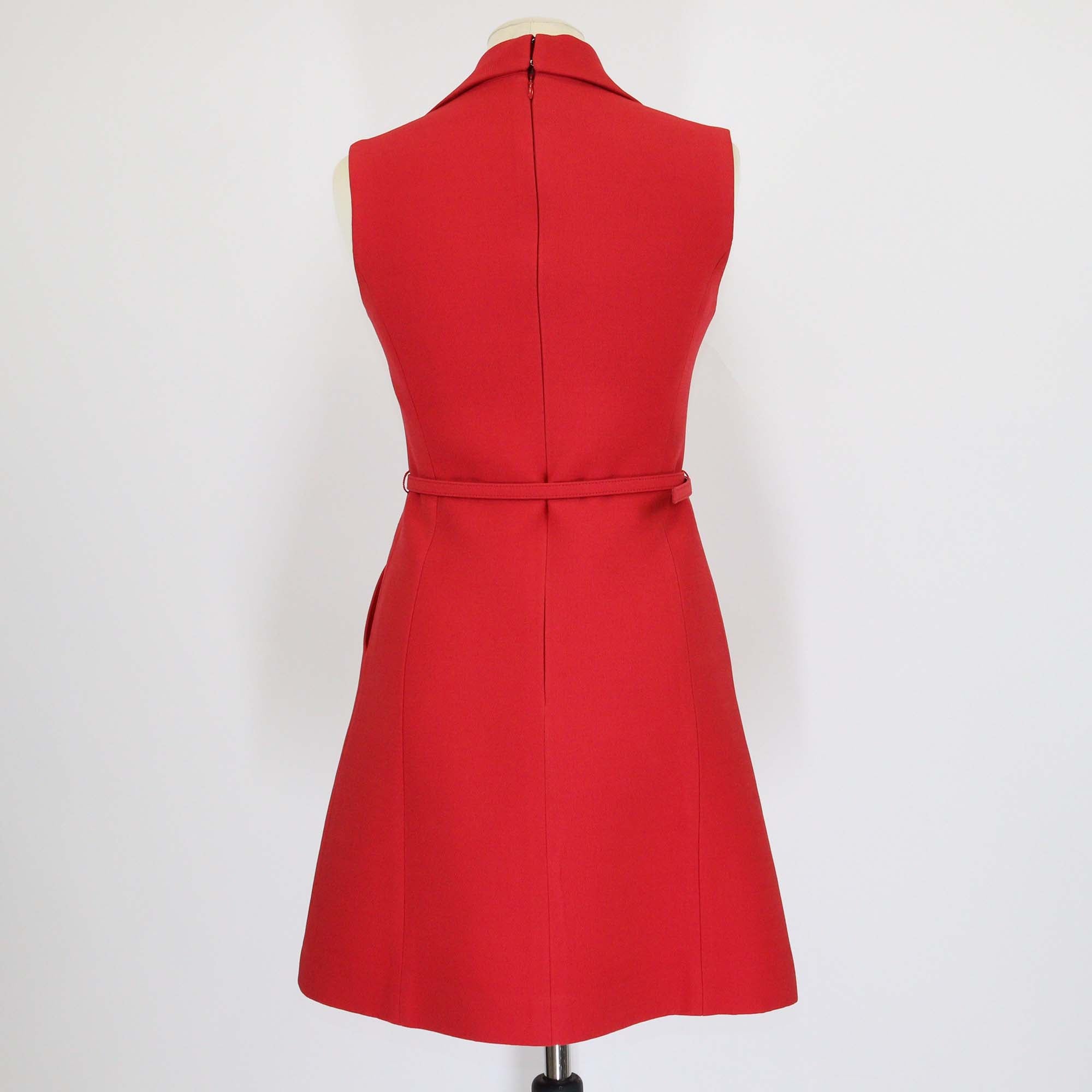 Christian Dior Red Wool Collar Belted Sleeveless Mini Dress