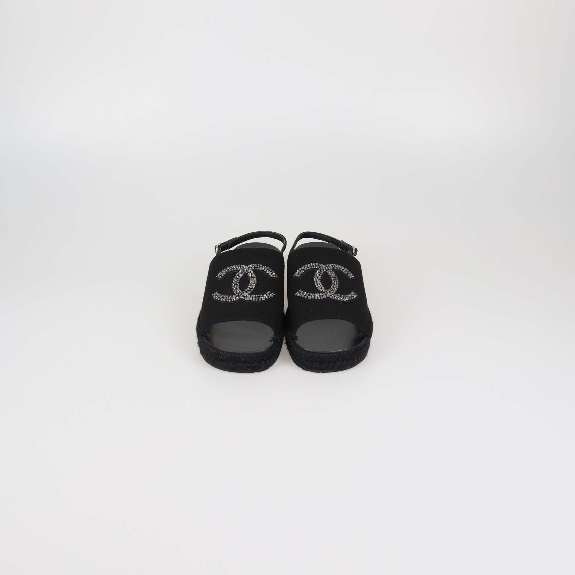 Chanel Black Canvas CC Crystal Slingback Espadrille Sandals