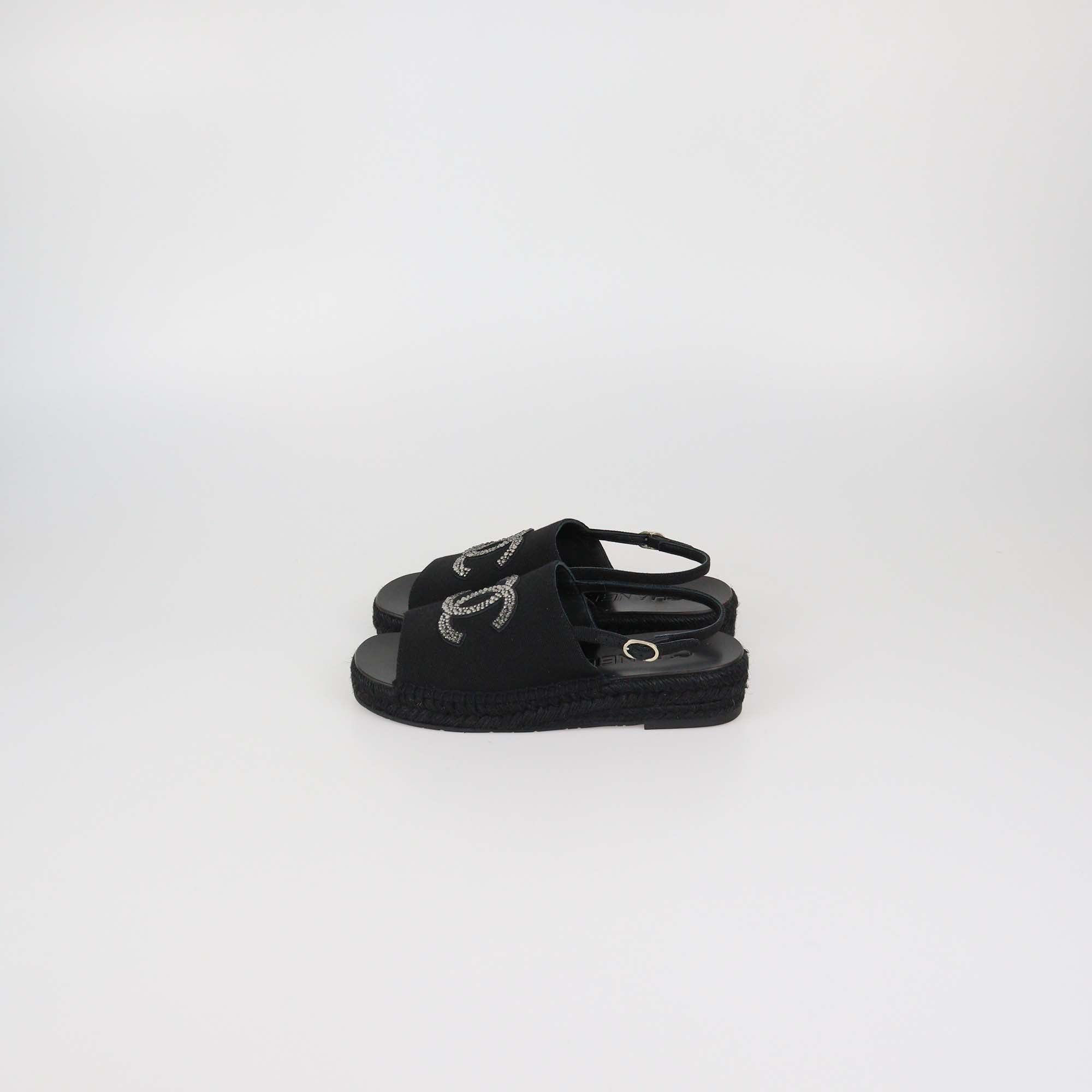 Chanel Black Canvas CC Crystal Slingback Espadrille Sandals