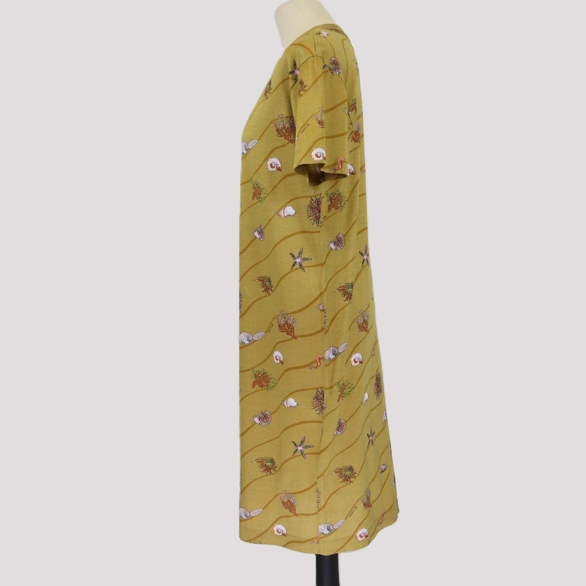 Hermes Khaki Marine Life Print Vintage Short Sleeve T-Shirt Dress