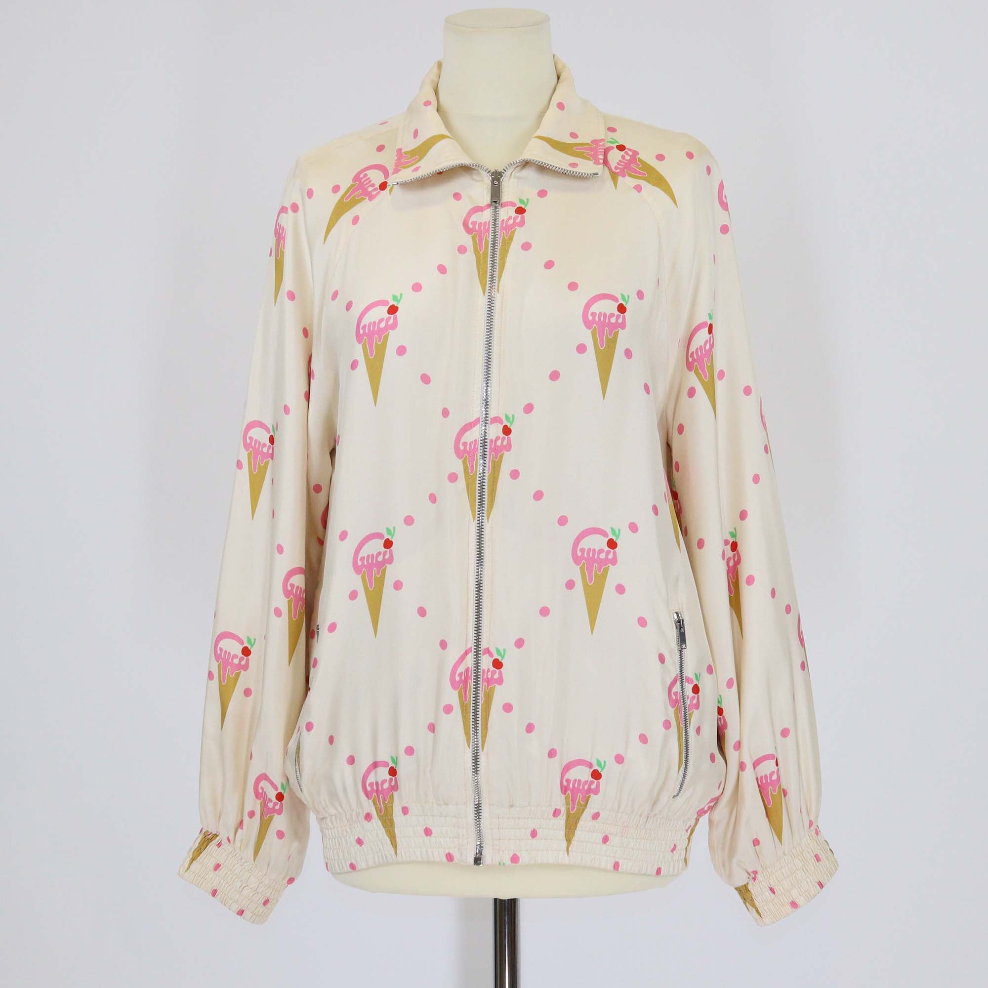 Gucci Light Beige Silk Ice Cream Print Stand Collar Zip Front Jacket