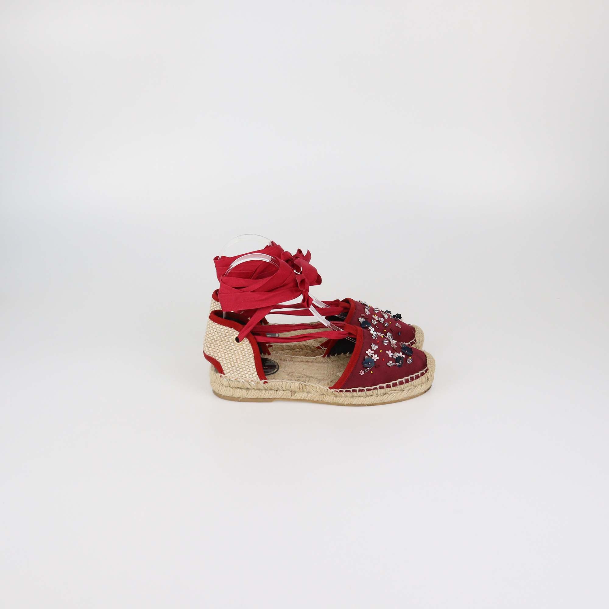 Oscar de la Renta Burgundy Satin Embellished Adriana Espadrille Flats