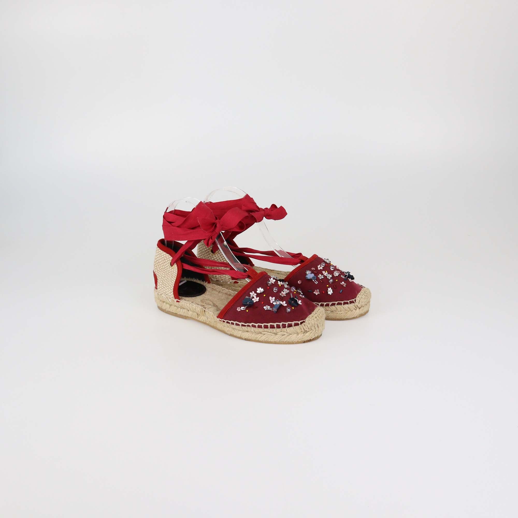 Oscar de la Renta Burgundy Satin Embellished Adriana Espadrille Flats