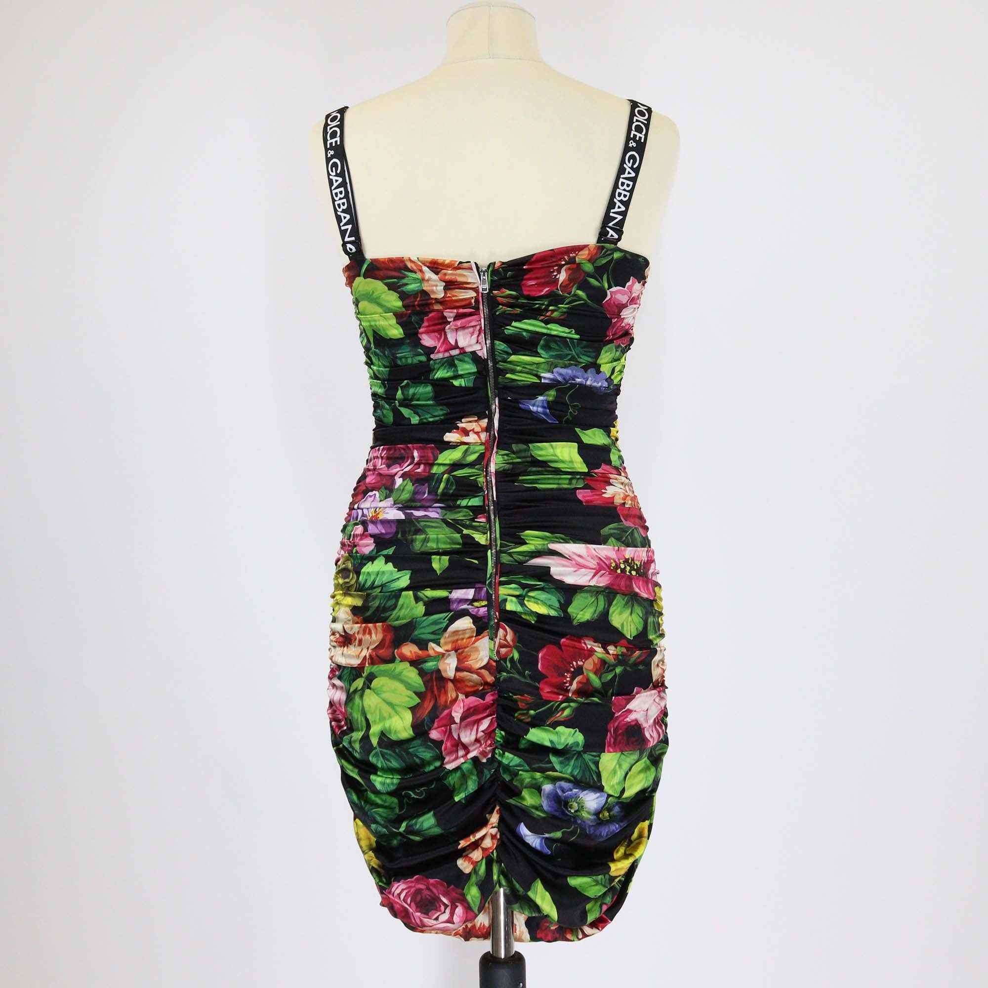 Dolce & Gabbana Multicolor Floral Print Silk Ruched Sleeveless Dress