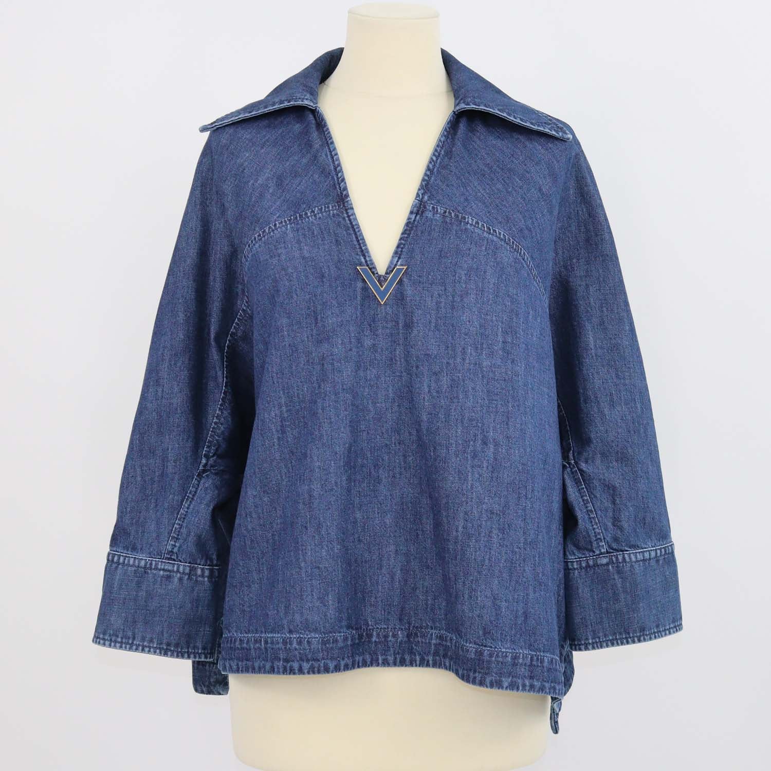 Valentino Blue Denim V Logo Three Quarter Sleeve Chambray Top