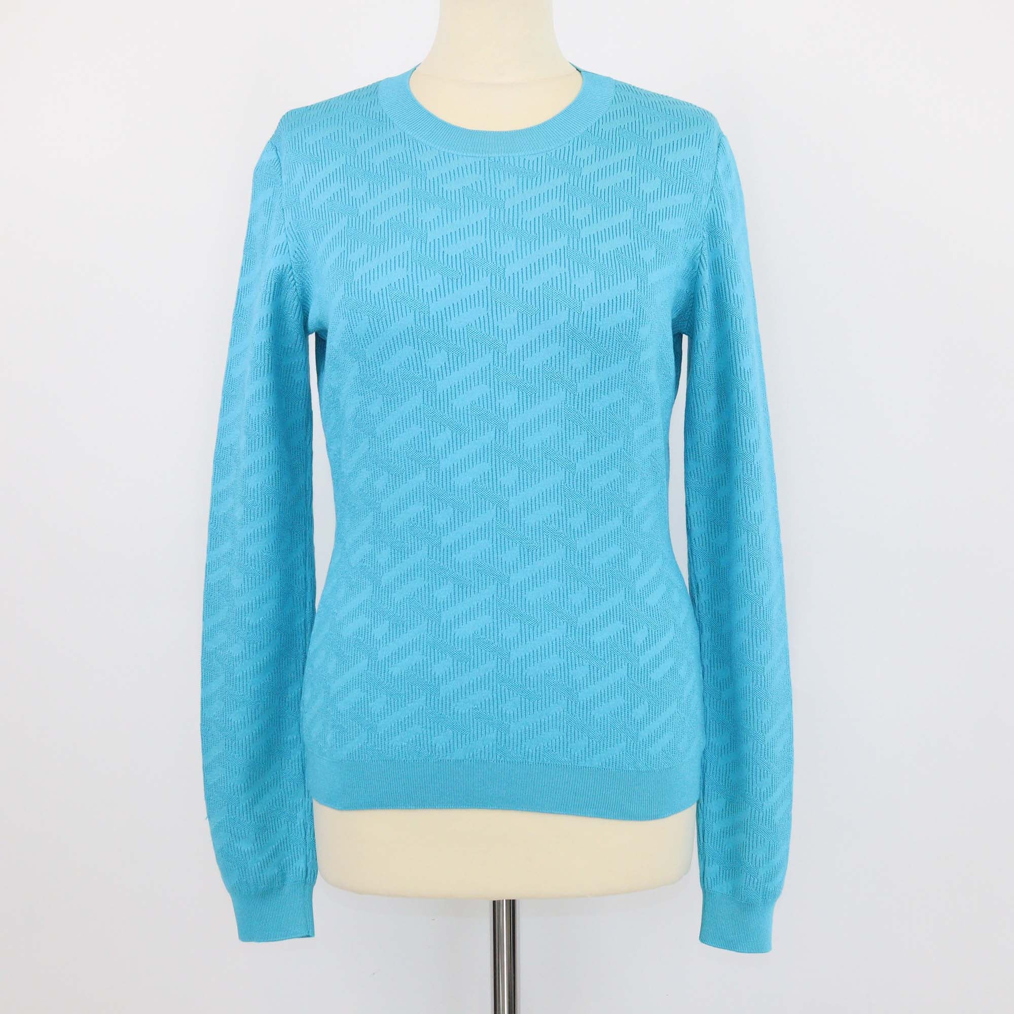 Versace Teal Blue Jacquard Blend Silk Knit Sweatshirt